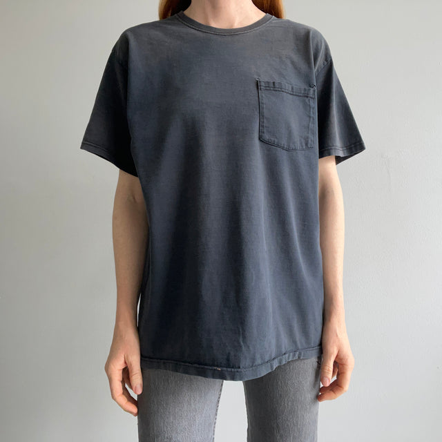 2000s Sun Faded and Worn Blank Black Pocket T-Shirt