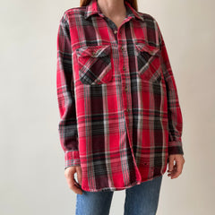 1990s Red, Black and Gray Medium Weight Cotton Flannel with Tattering