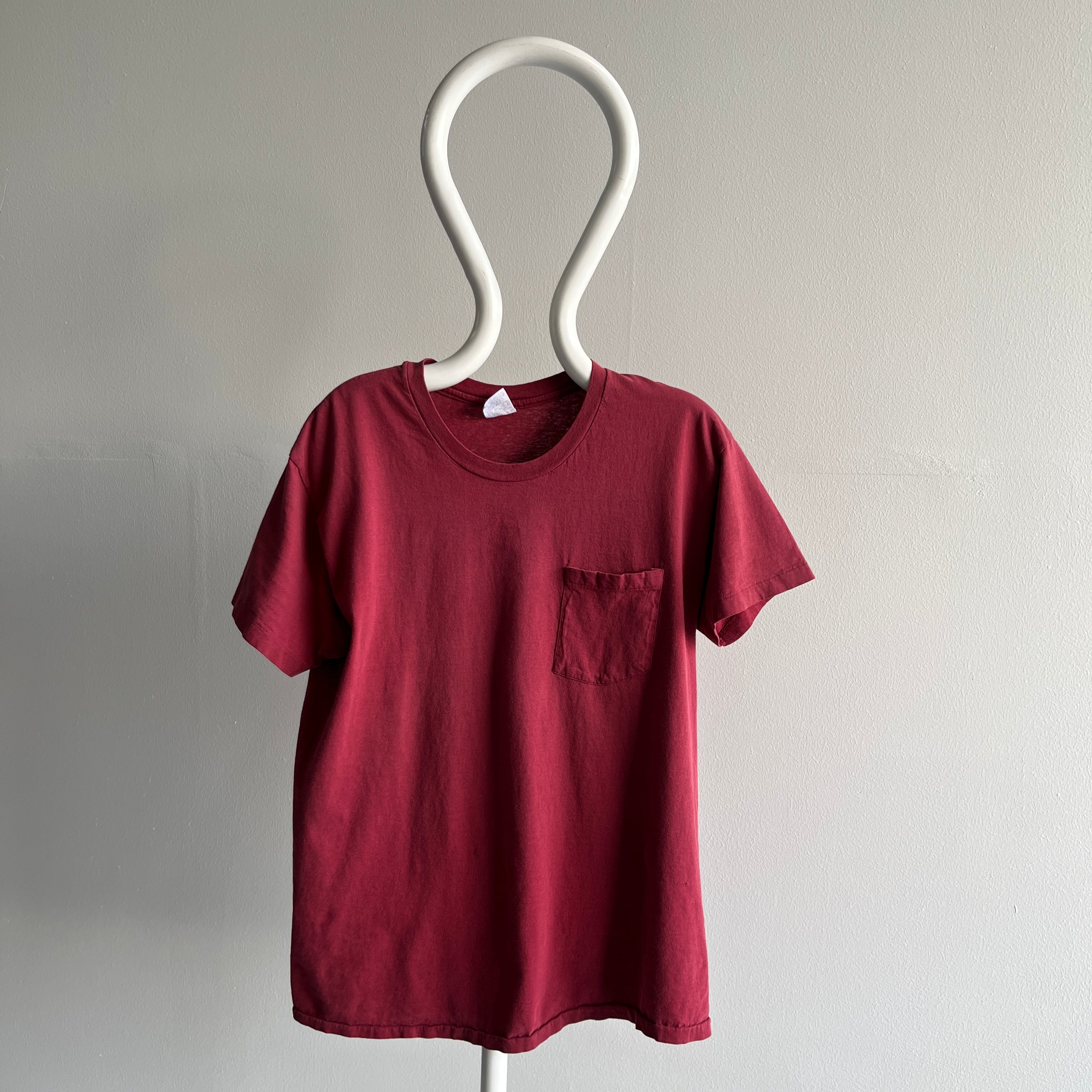 1990s Burgundy Blank Pocket T-Shirt with Wear and Tear