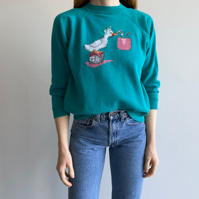 1980s DIY Needlepoint Goose with a Bow Painting Sweatshirt