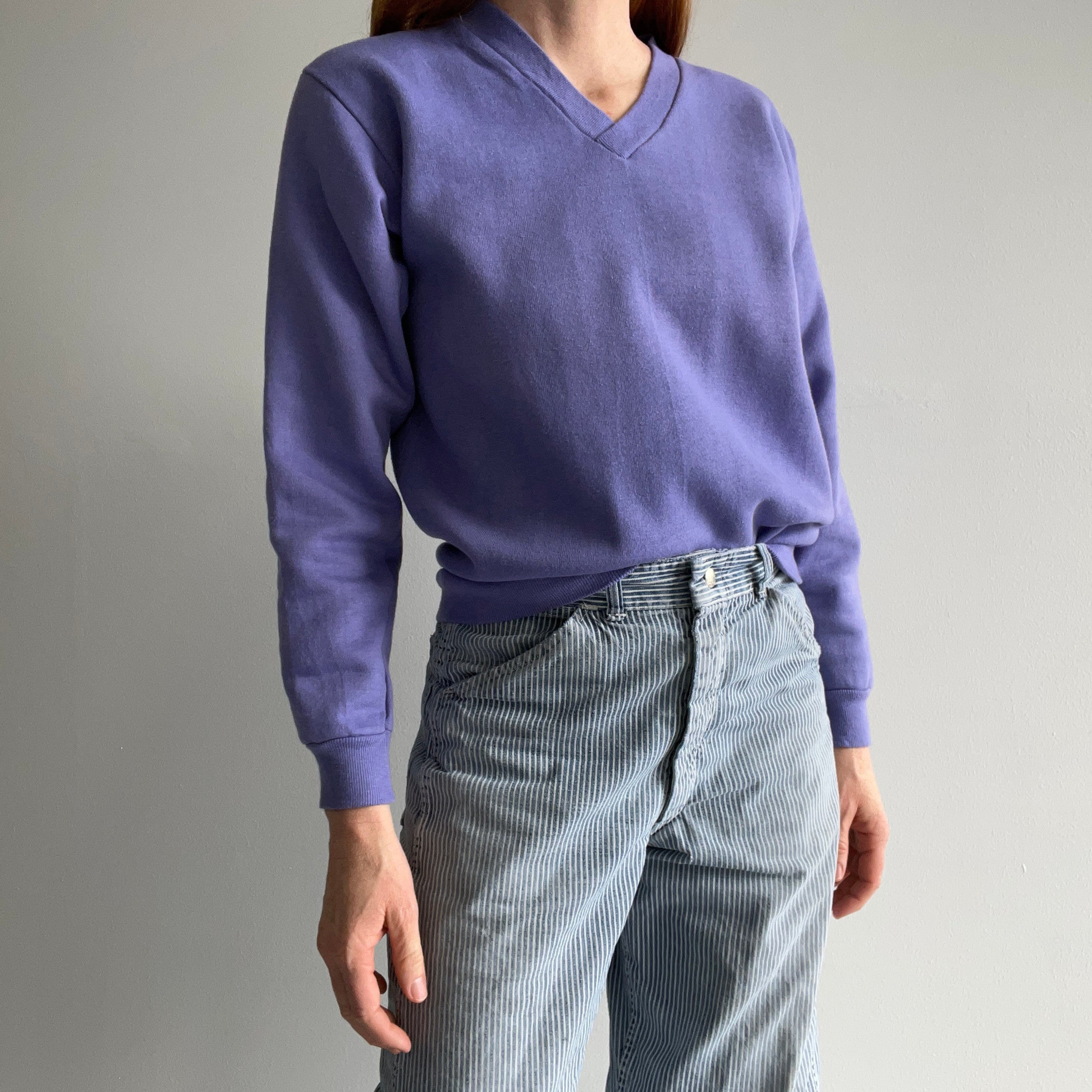 1980s Lilac Purple Barely Worn V-Neck Sweatshirt with Holes