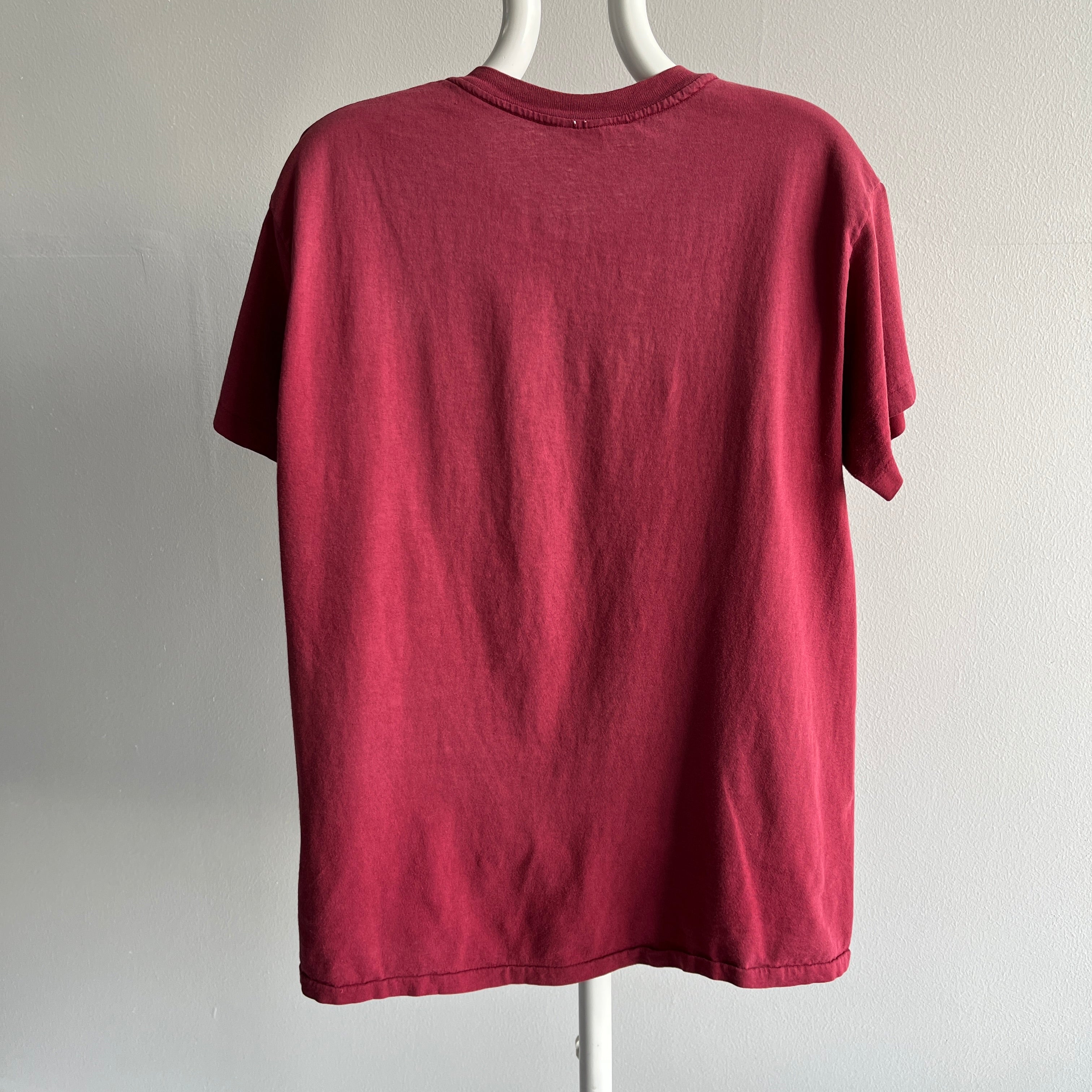 1990s Burgundy Blank Pocket T-Shirt with Wear and Tear