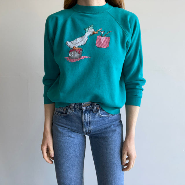 1980s DIY Needlepoint Goose with a Bow Painting Sweatshirt