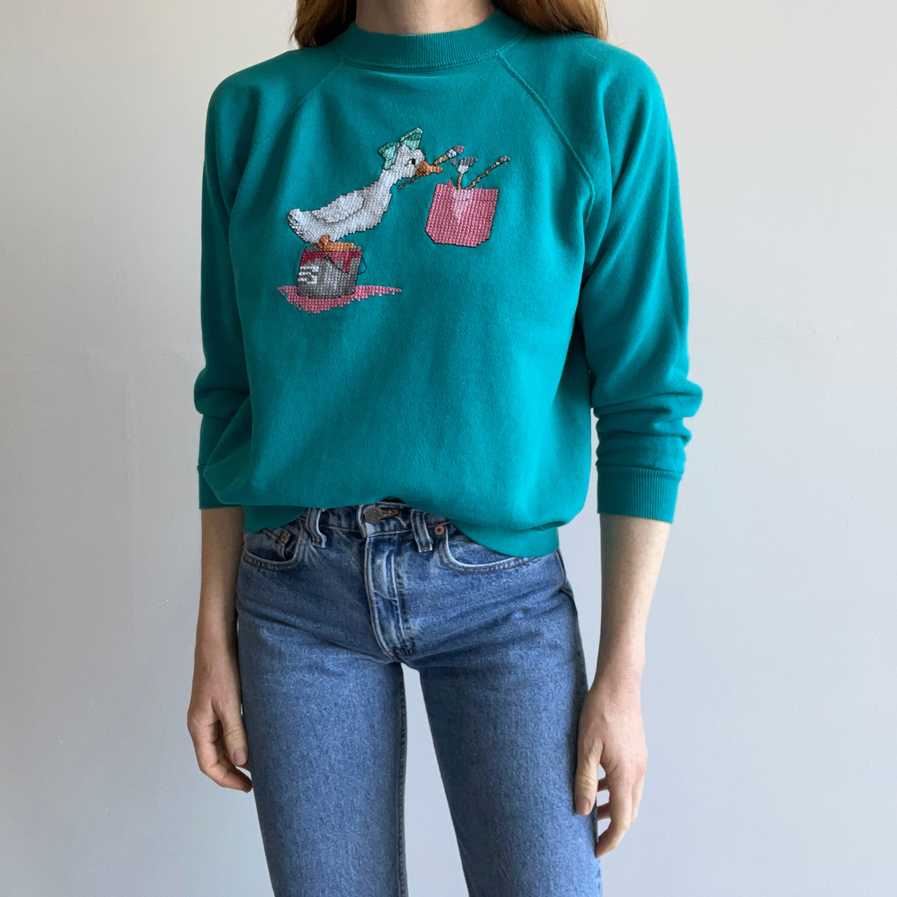 1980s DIY Needlepoint Goose with a Bow Painting Sweatshirt