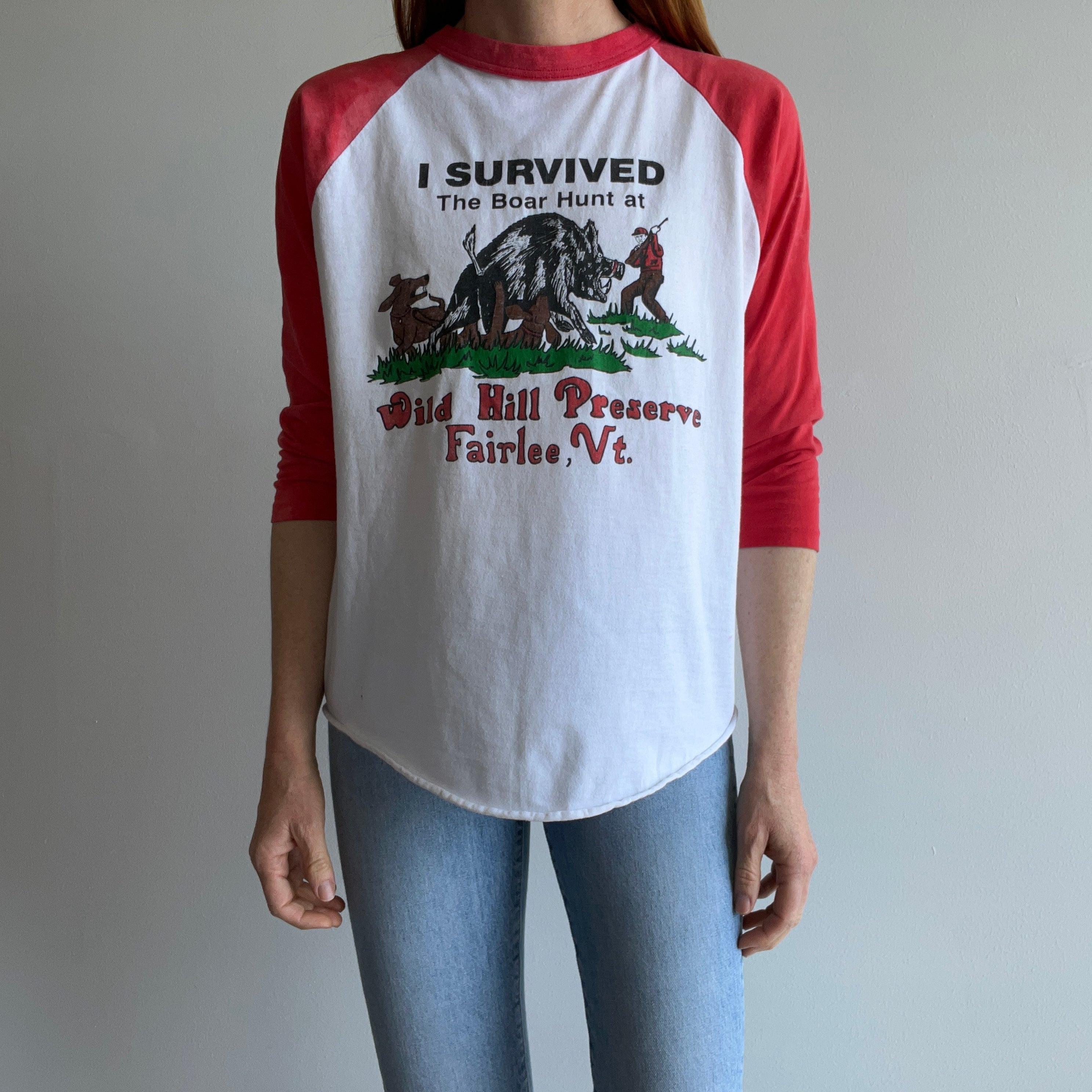 1980s I survived The Boar Hunt at Wild Hill Preserve - Fairlee, Vermont - Baseball T-Shirt