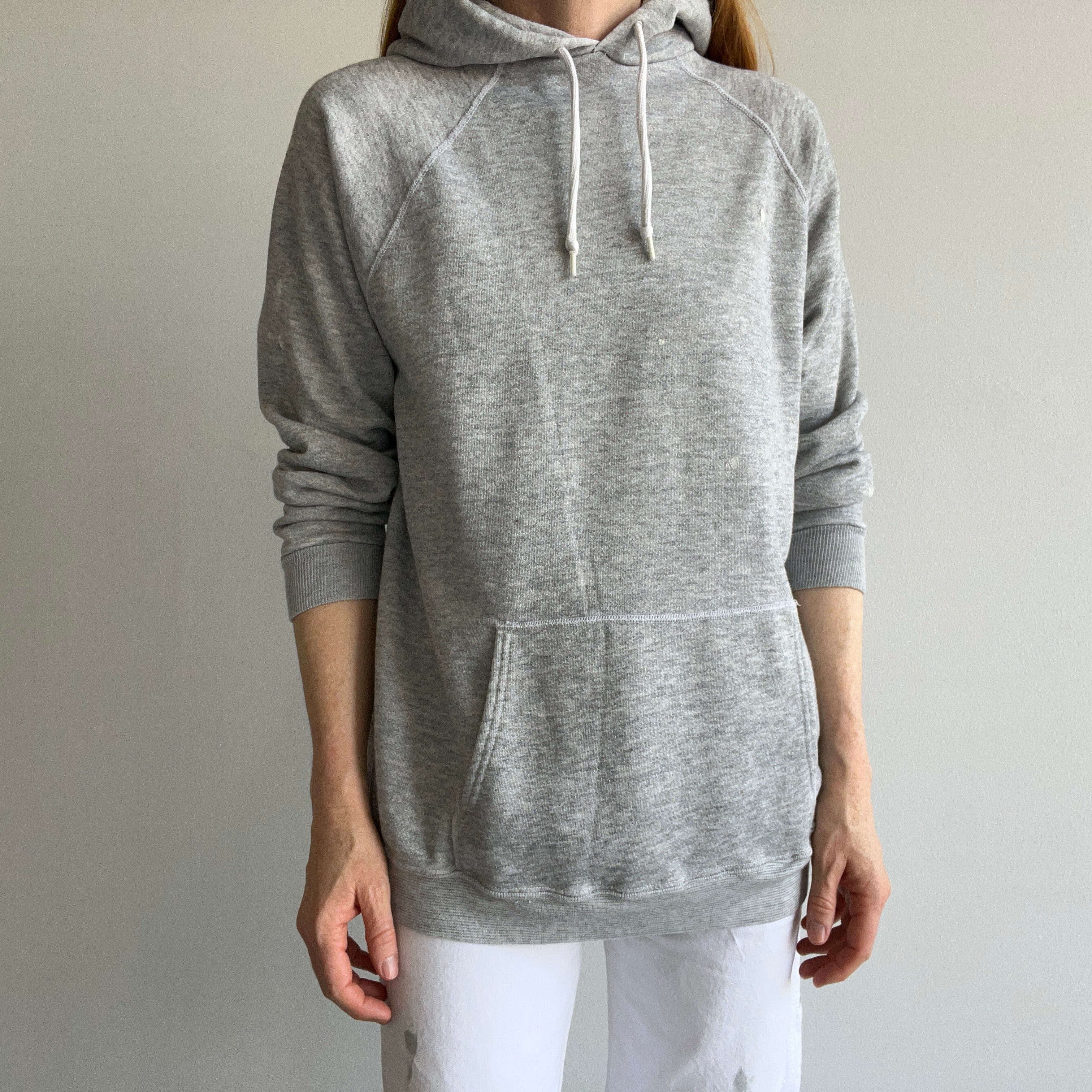 1990/2000s White Flakey Paint Stained Pull Over Gray Hoodie