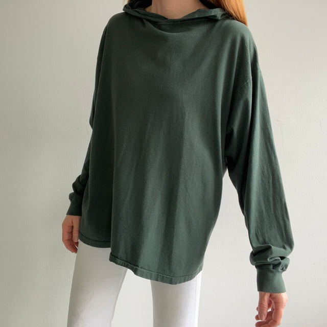 1980s GAP USA Made Blank Forest Green T-Shirt Hoodie with Hole