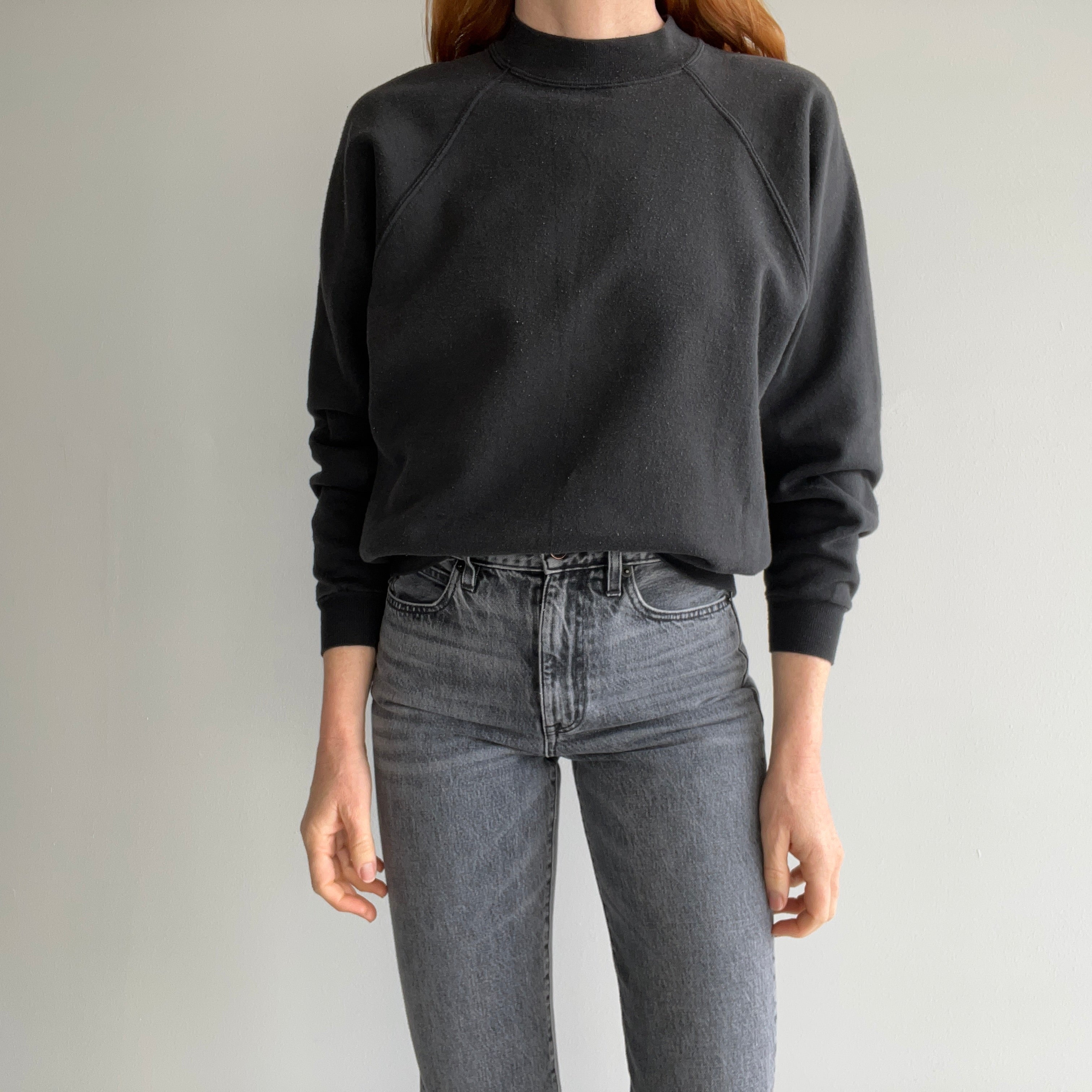 1990s Faded Blank Black Raglan Sweatshirt by Hanes