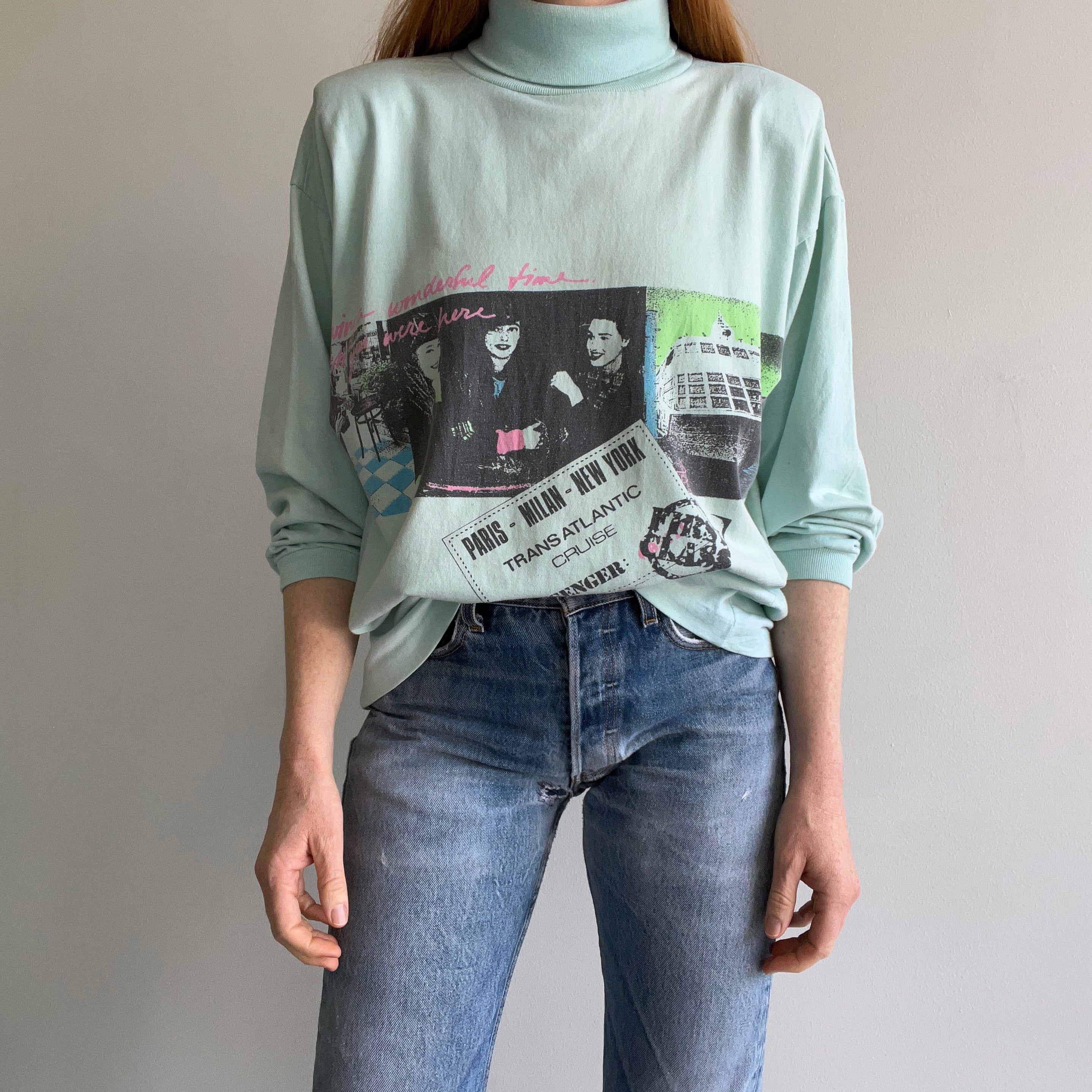 1980s Ultra Rad Boxy Turtleneck with Shoulder Pads Long Sleeve T-Shirt - Lots of Age Staining