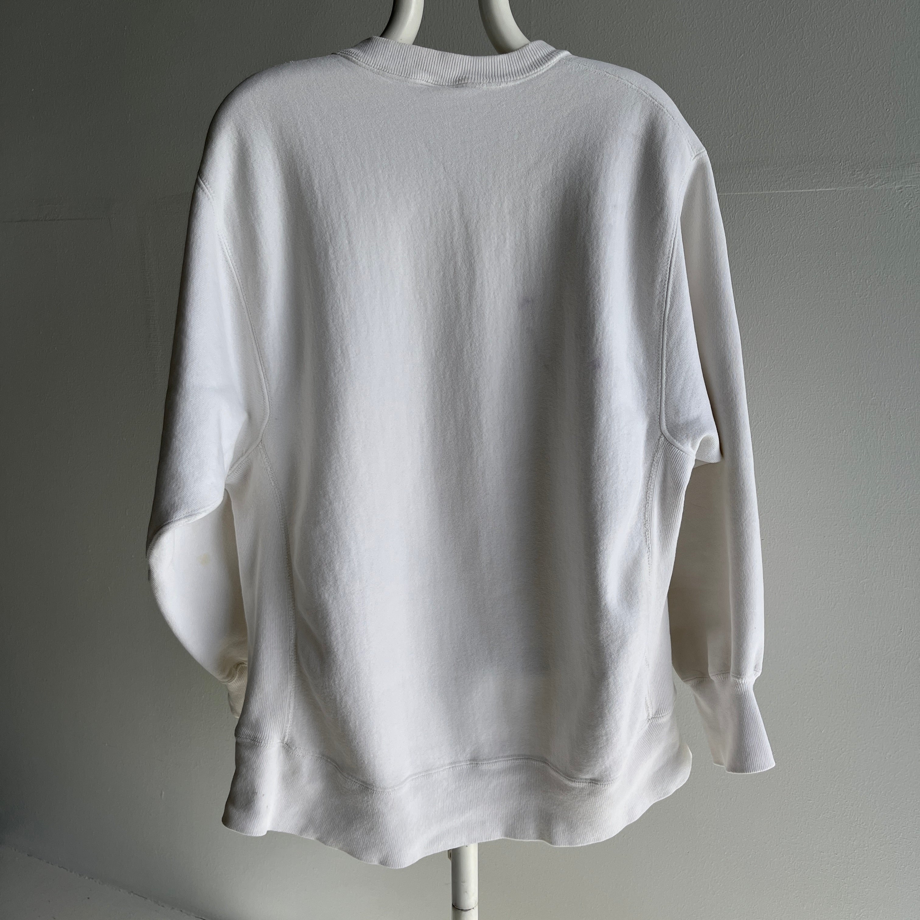 1980s Soft and Worn Heavyweight White Cotton Reverse Weave Sweatshirt
