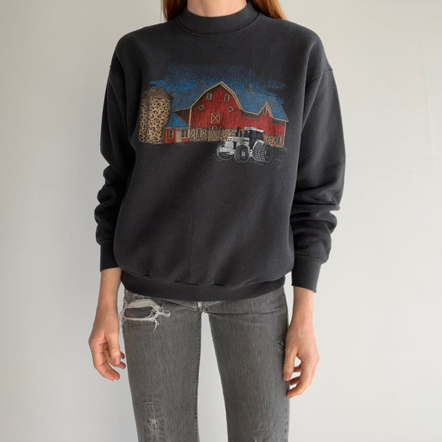 1989 (?) Embroidered Tractor on Screen Printed Barn Sweatshirt - THIS