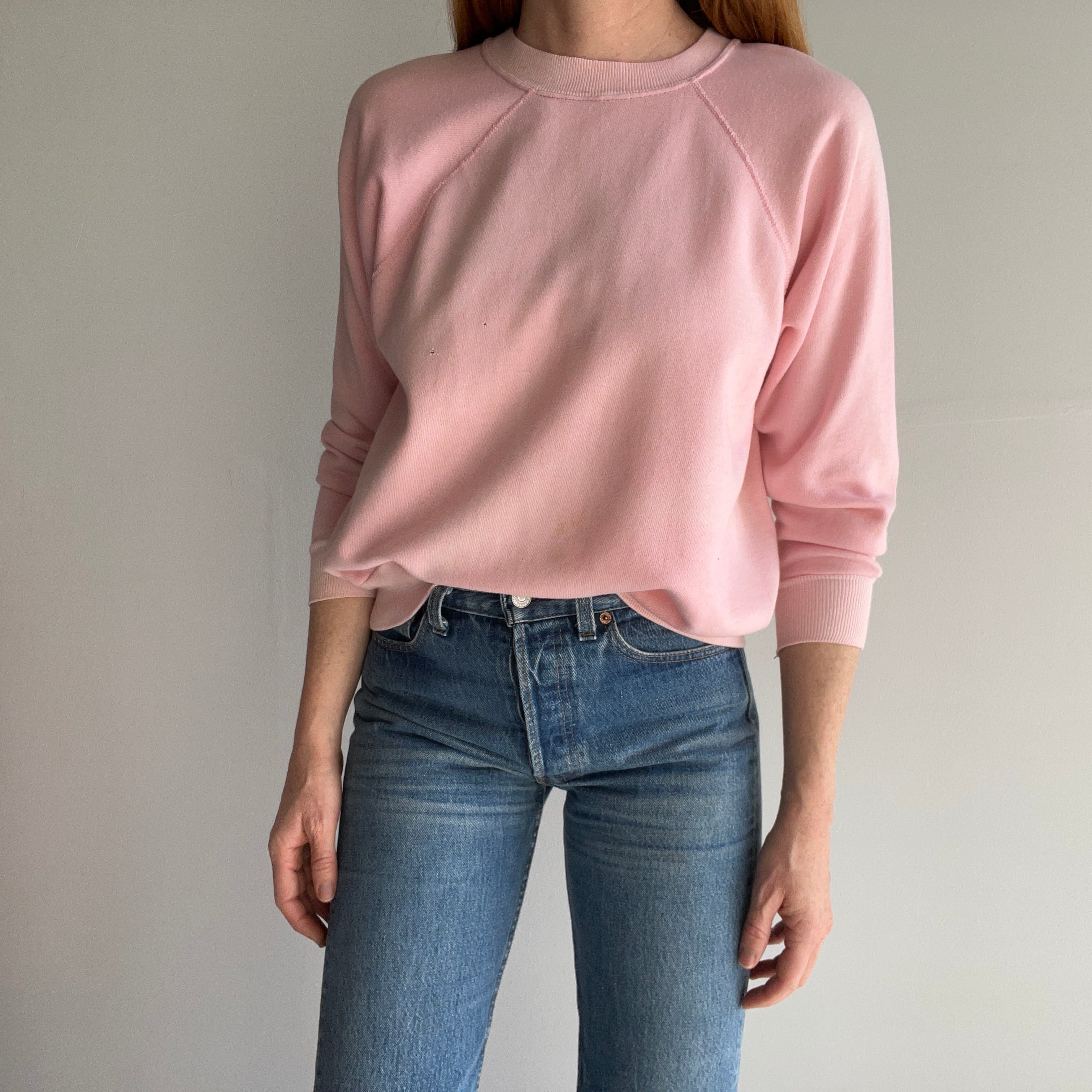 1980s American Fleece Wear Thin Soft Pink Sweatshirt