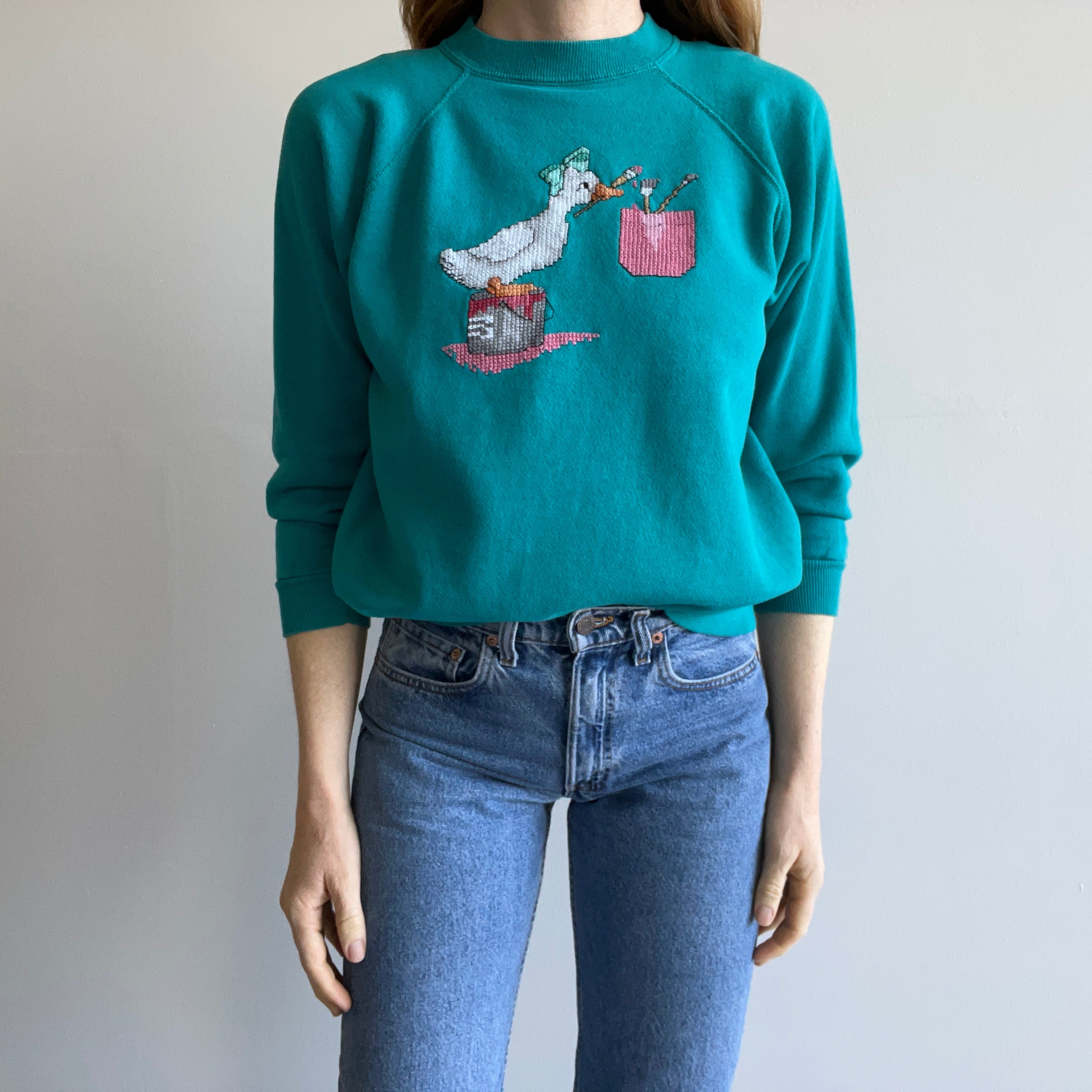 1980s DIY Needlepoint Goose with a Bow Painting Sweatshirt