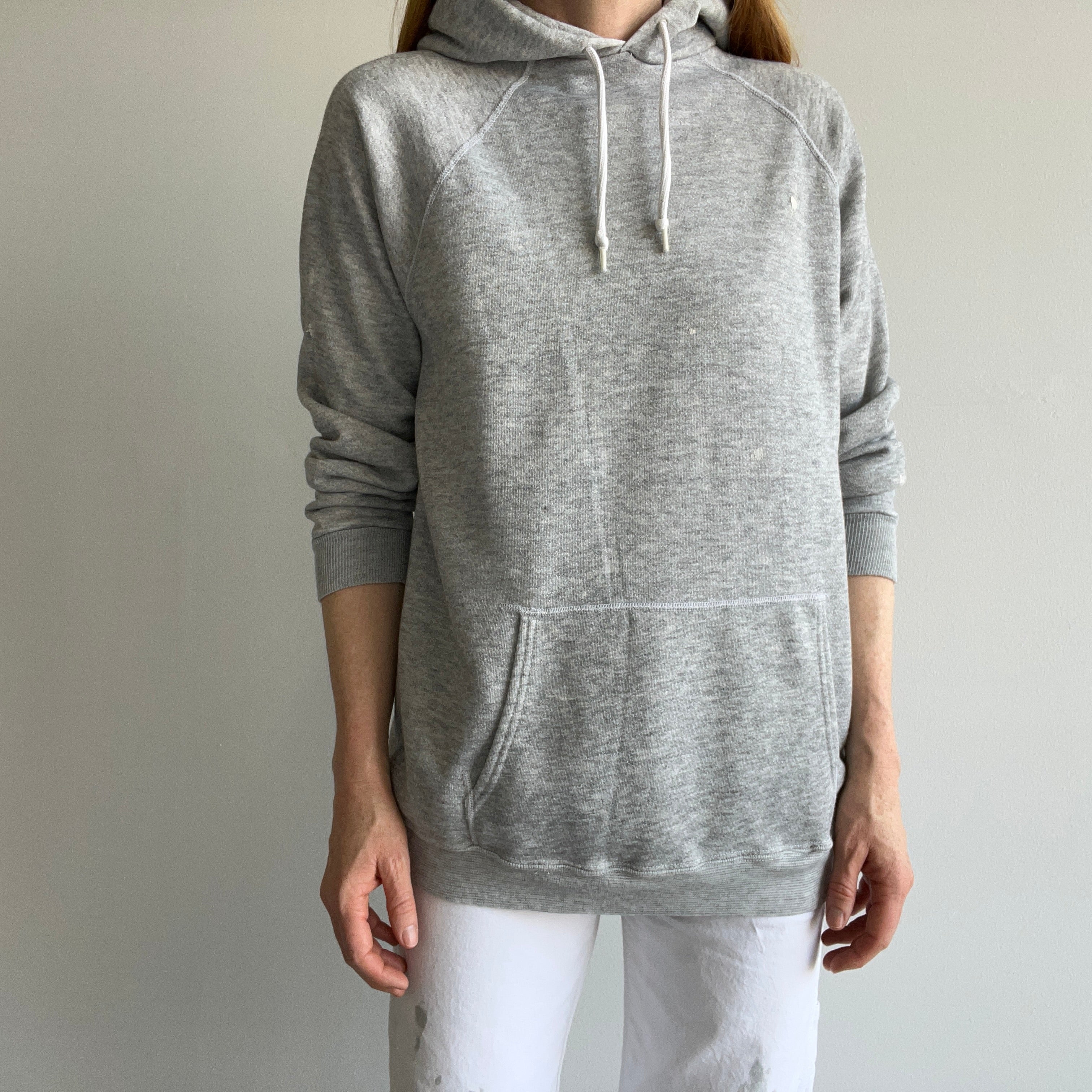 1990/2000s White Flakey Paint Stained Pull Over Gray Hoodie