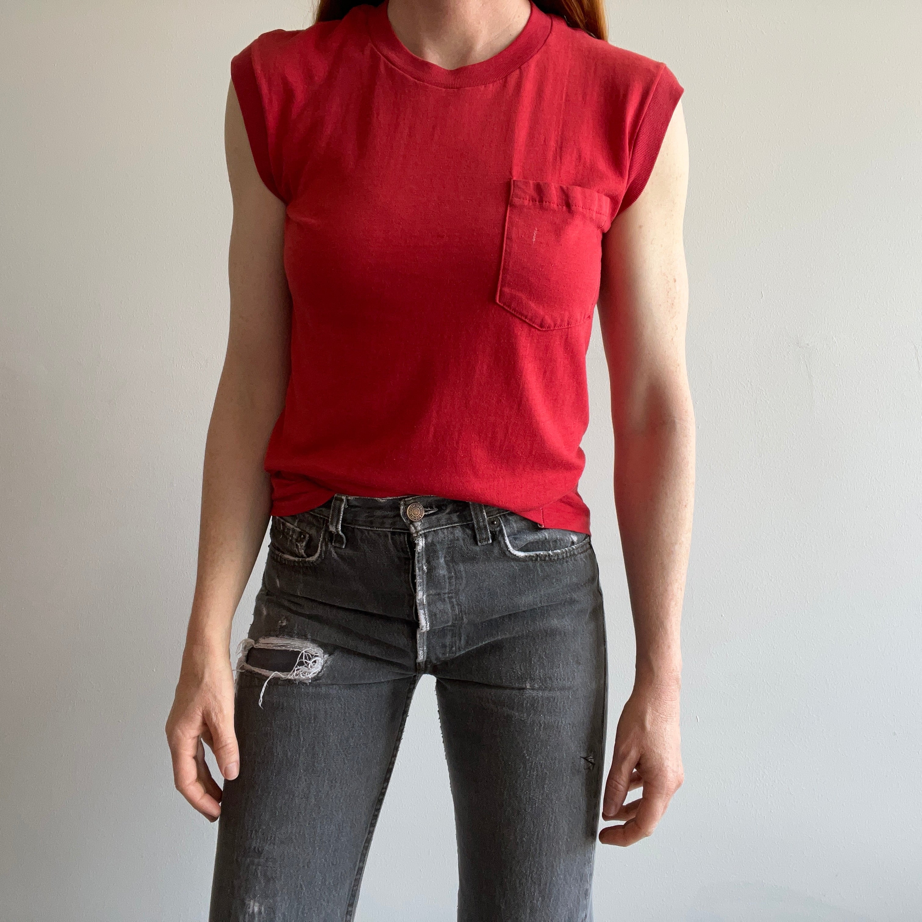 1970s Blank Red Pocket Muscle Tank