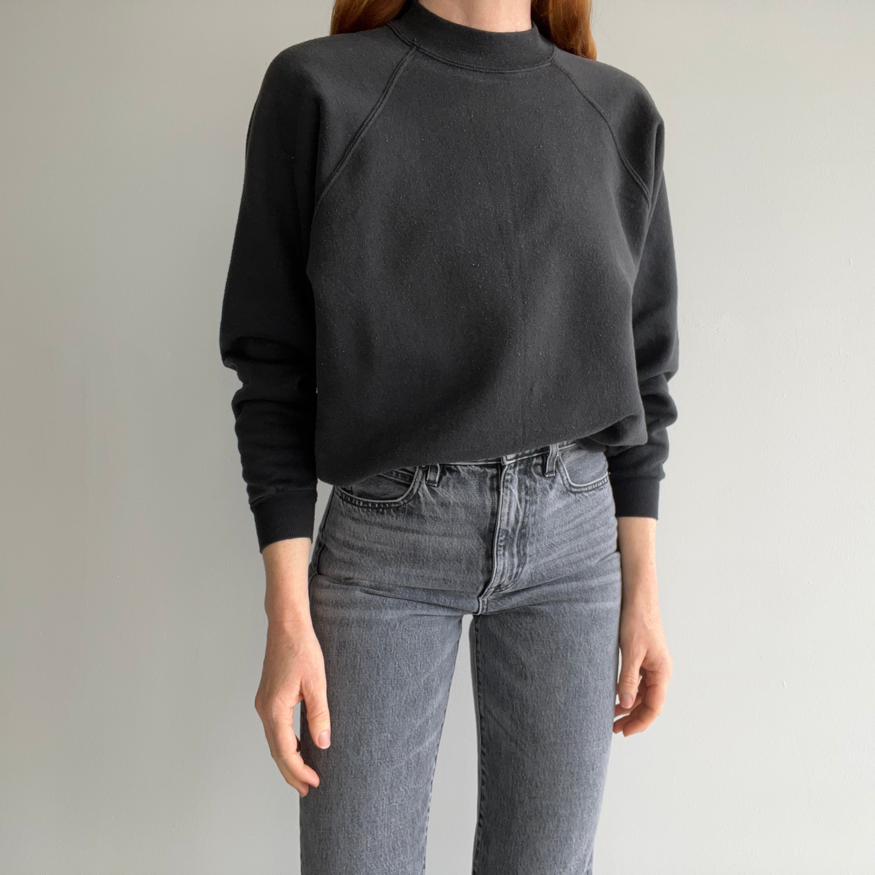 1990s Faded Blank Black Raglan Sweatshirt by Hanes