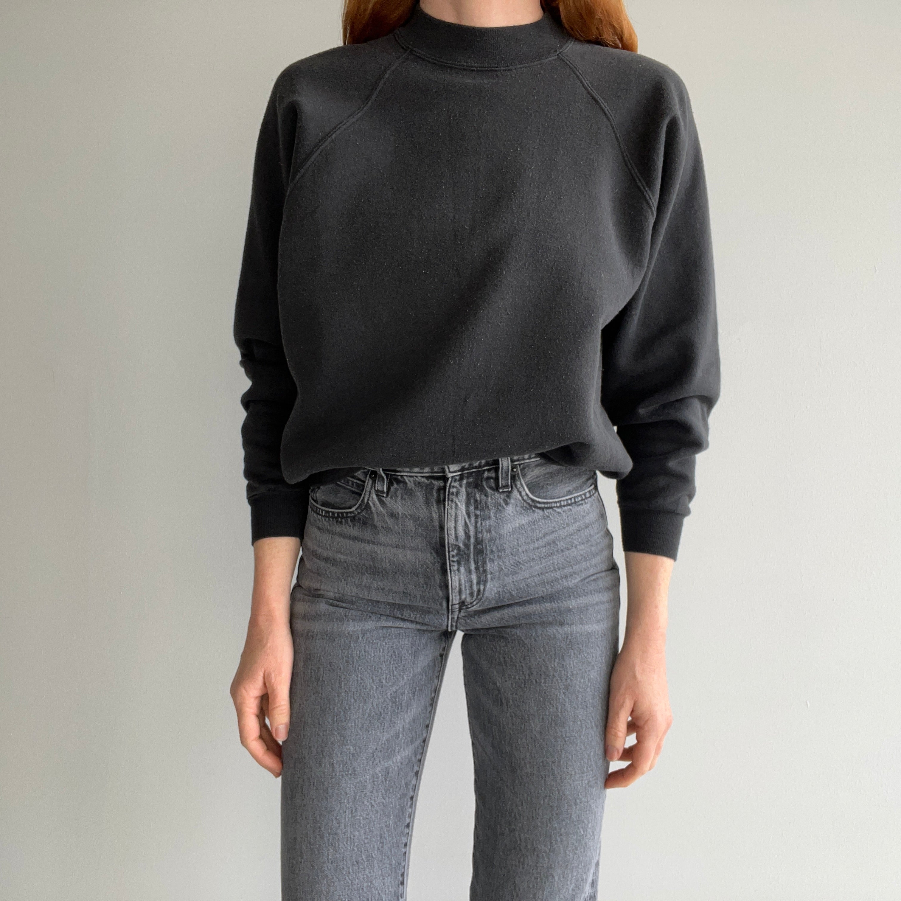 1990s Faded Blank Black Raglan Sweatshirt by Hanes