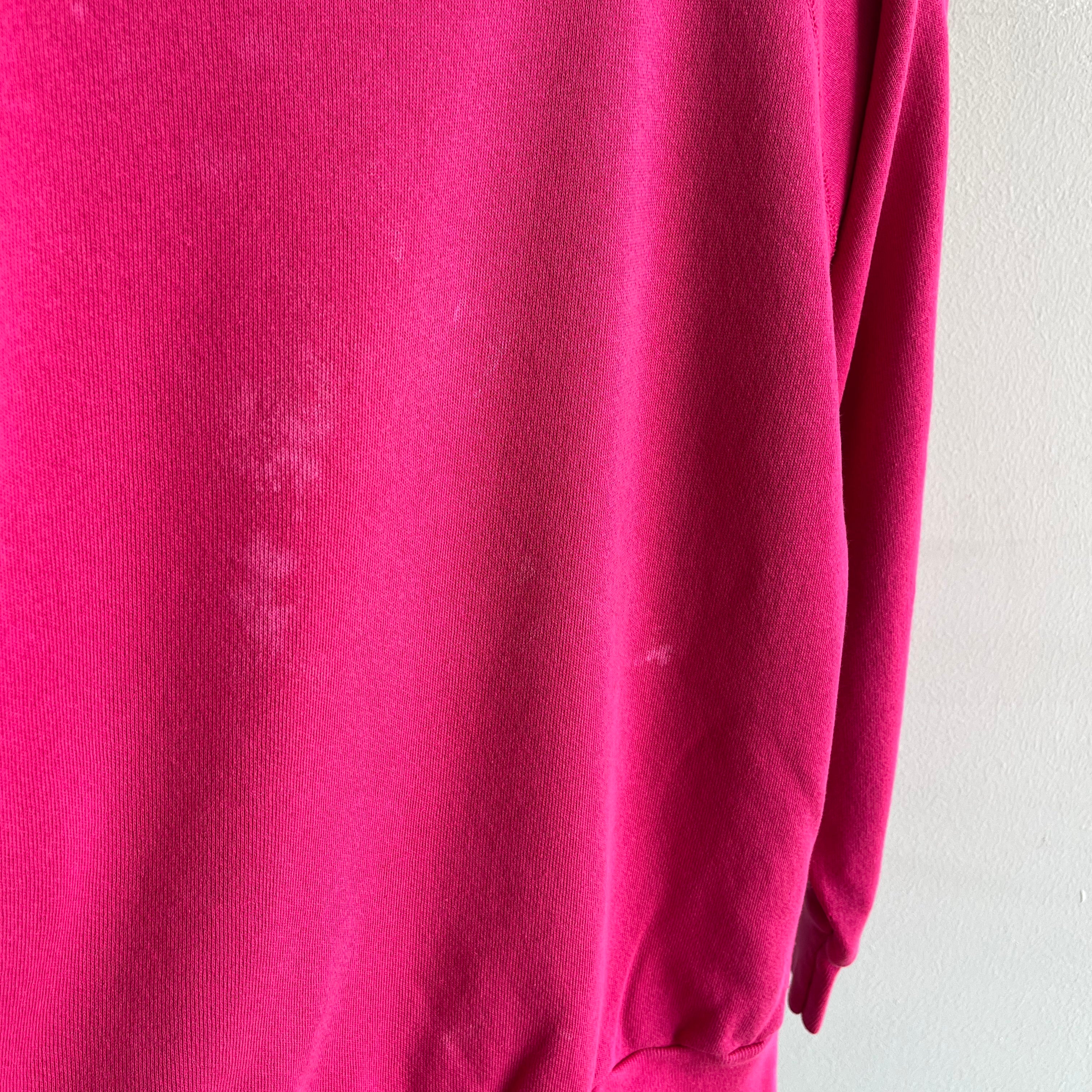 1980s Magenta Pink Sweatshirt with Bleach Staining