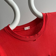 1980s Tattered Torn Worn Faded Red Pocket T-Shirt