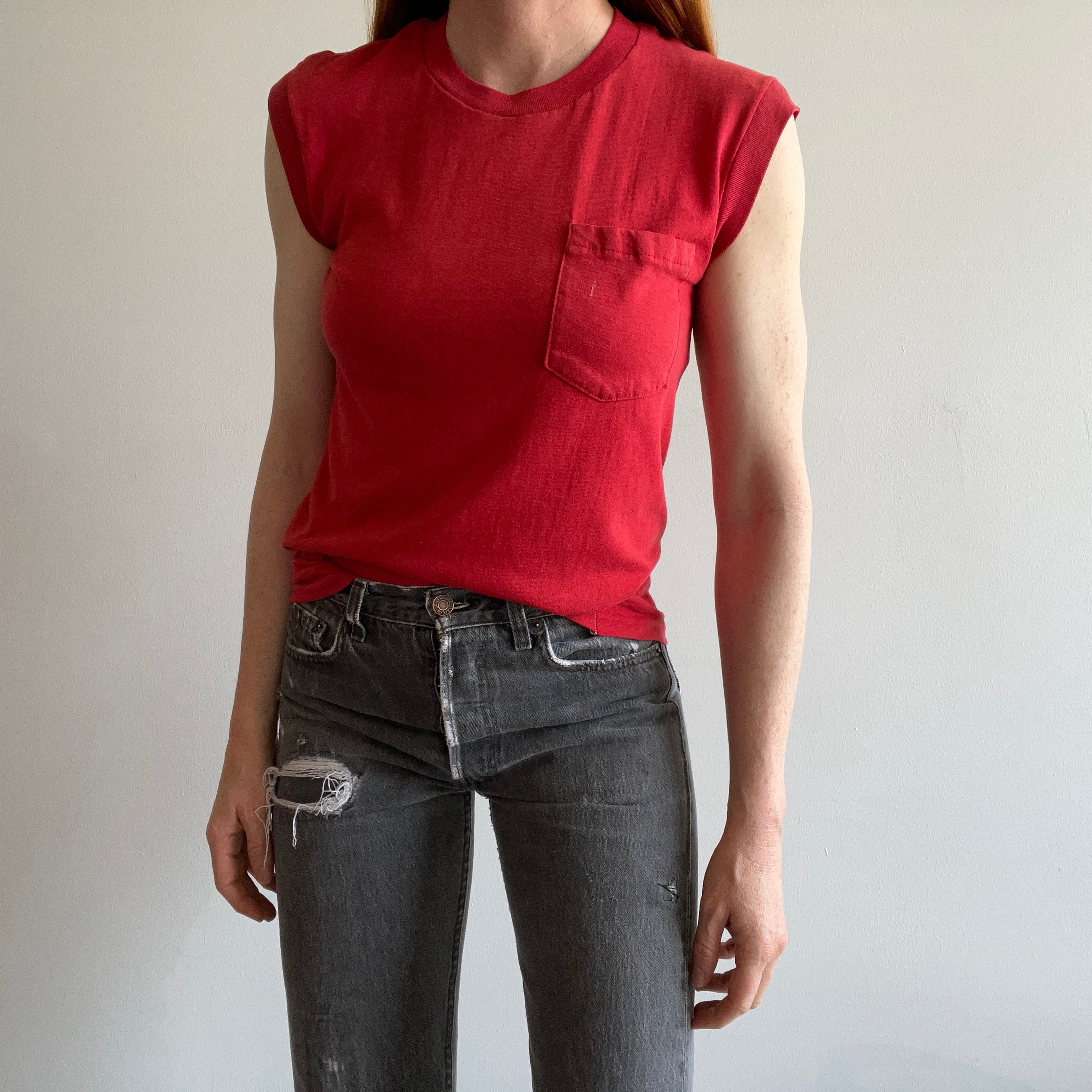 1970s Blank Red Pocket Muscle Tank