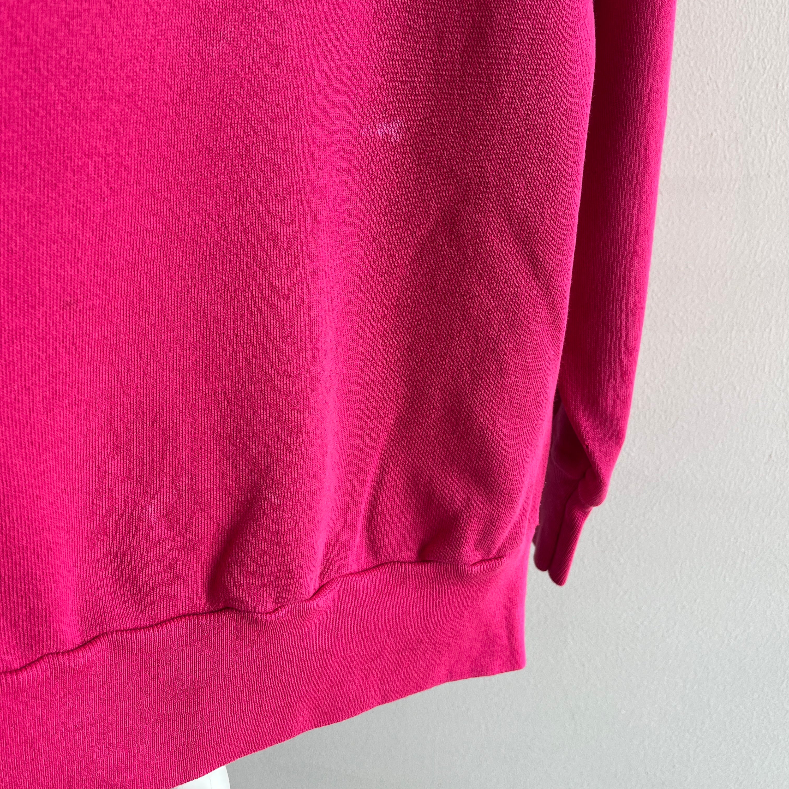 1980s Magenta Pink Sweatshirt with Bleach Staining