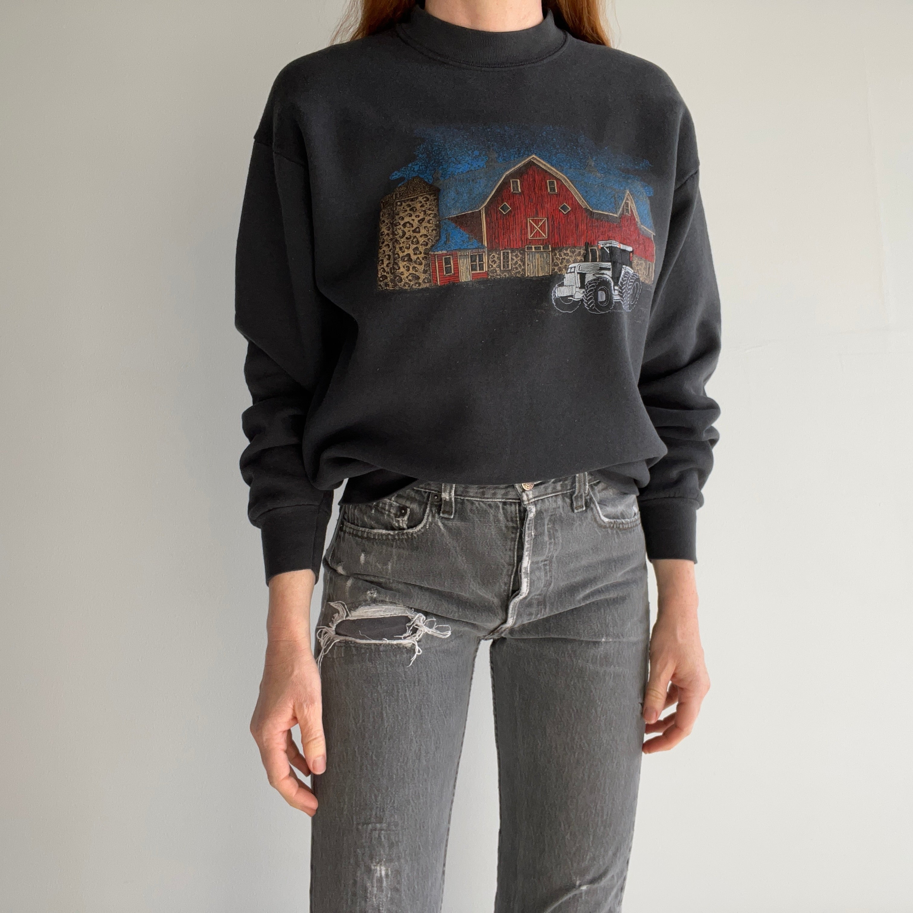 1989 (?) Embroidered Tractor on Screen Printed Barn Sweatshirt - THIS