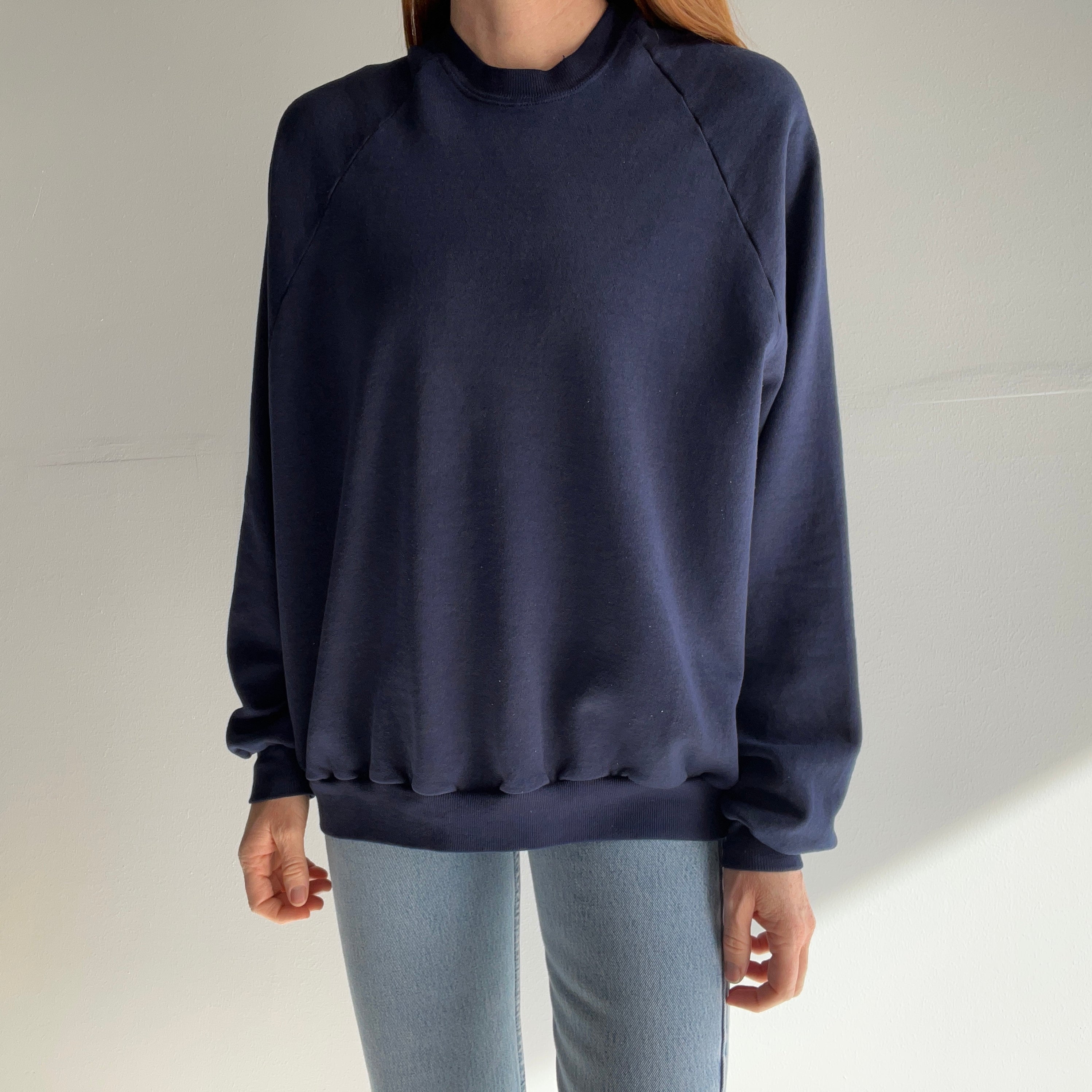 1970s Thinned Out To That Perfect Sheen Blank Navy Raglan Sweatshirt