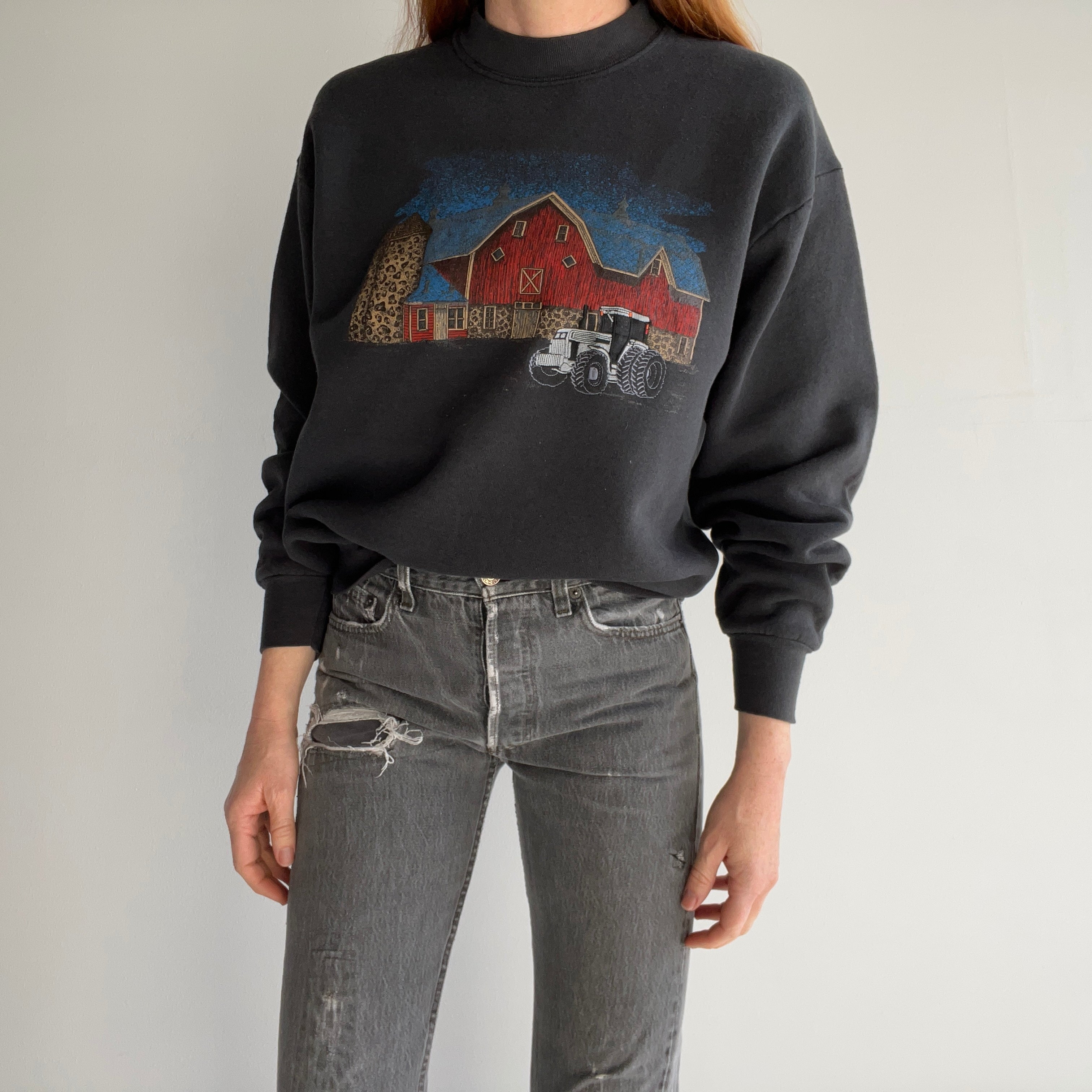 1989 (?) Embroidered Tractor on Screen Printed Barn Sweatshirt - THIS