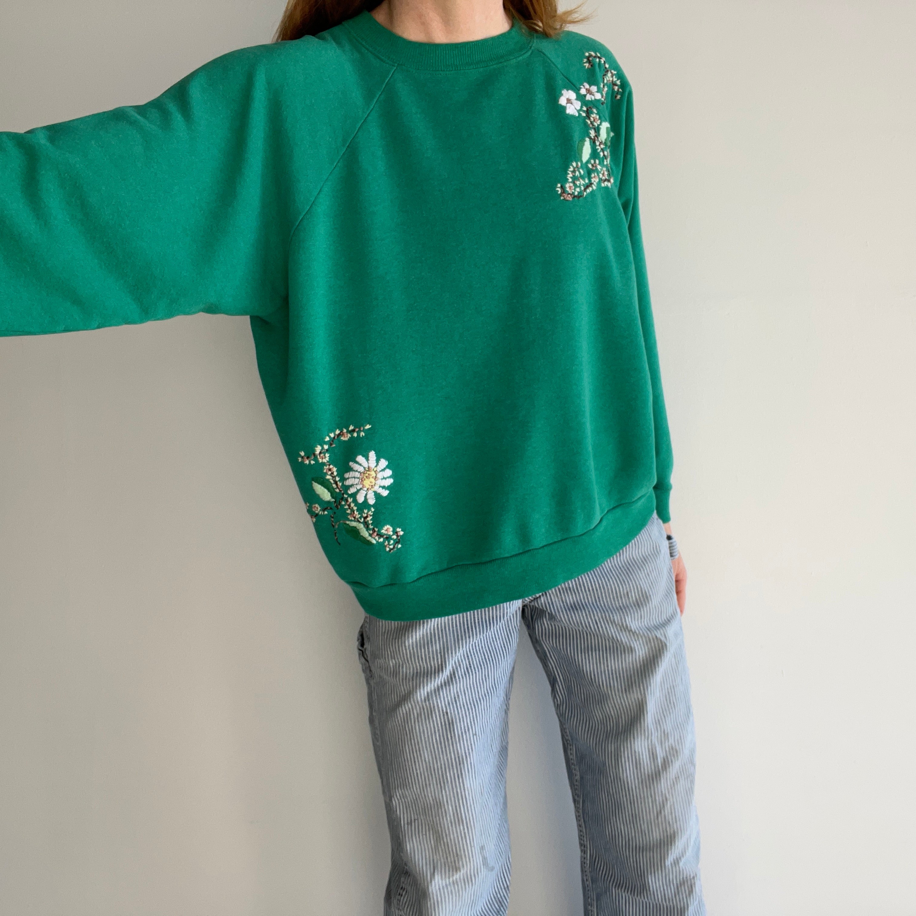 1980s One-Of-A-Kind HAND Embroidered Floral Front and Back Unbelievable Sweatshirt