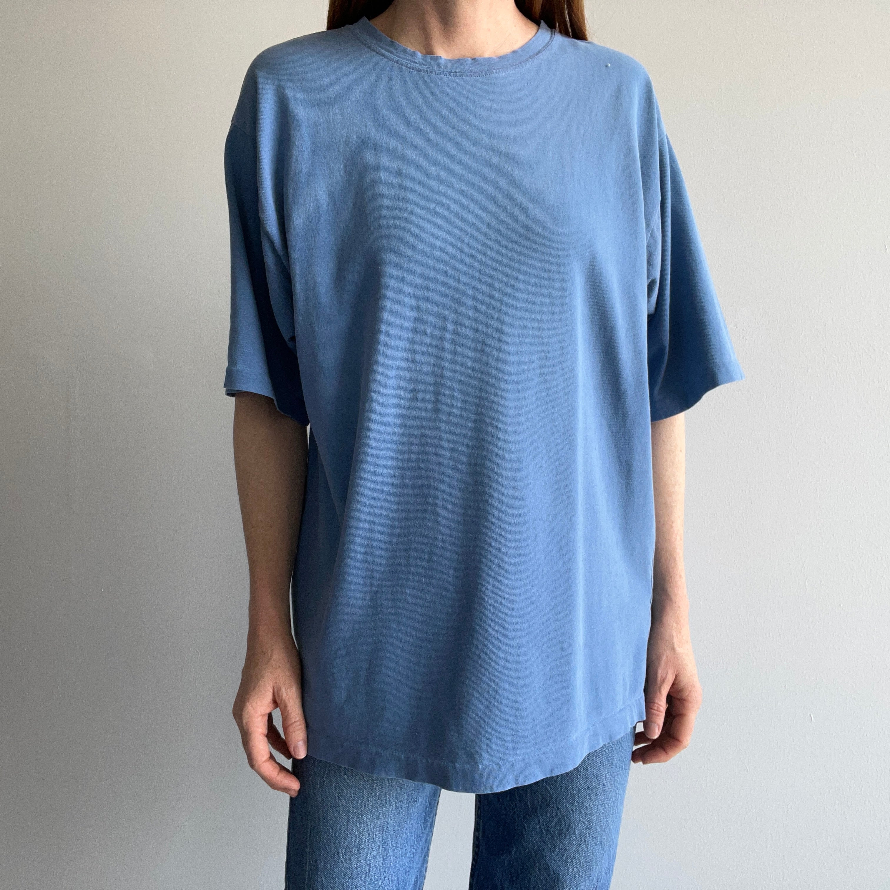 1990s Dusty Blue Cotton T-Shirt with Larger Short Sleeves