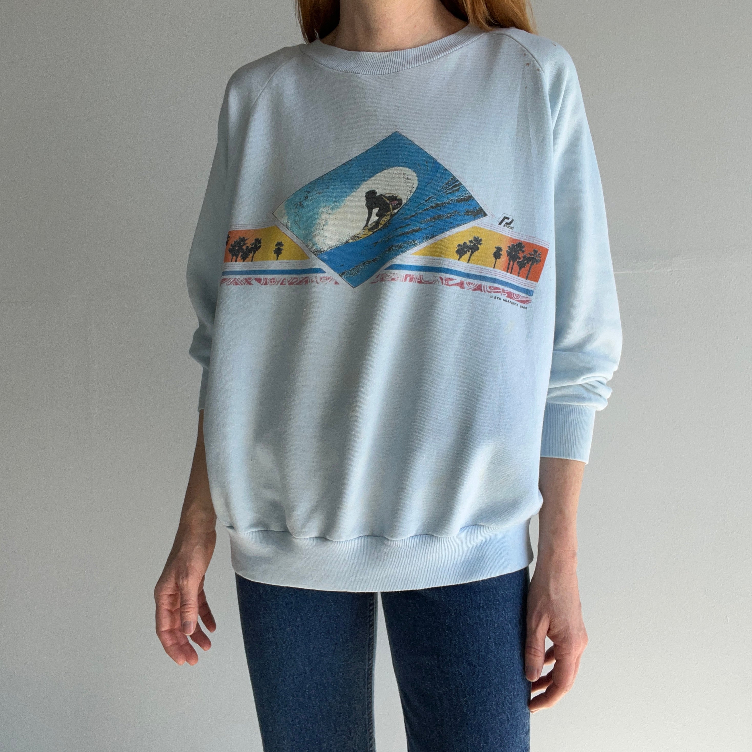 1985/6 Super Thinned Out and Stained Surfing Front and Back Sweatshirt