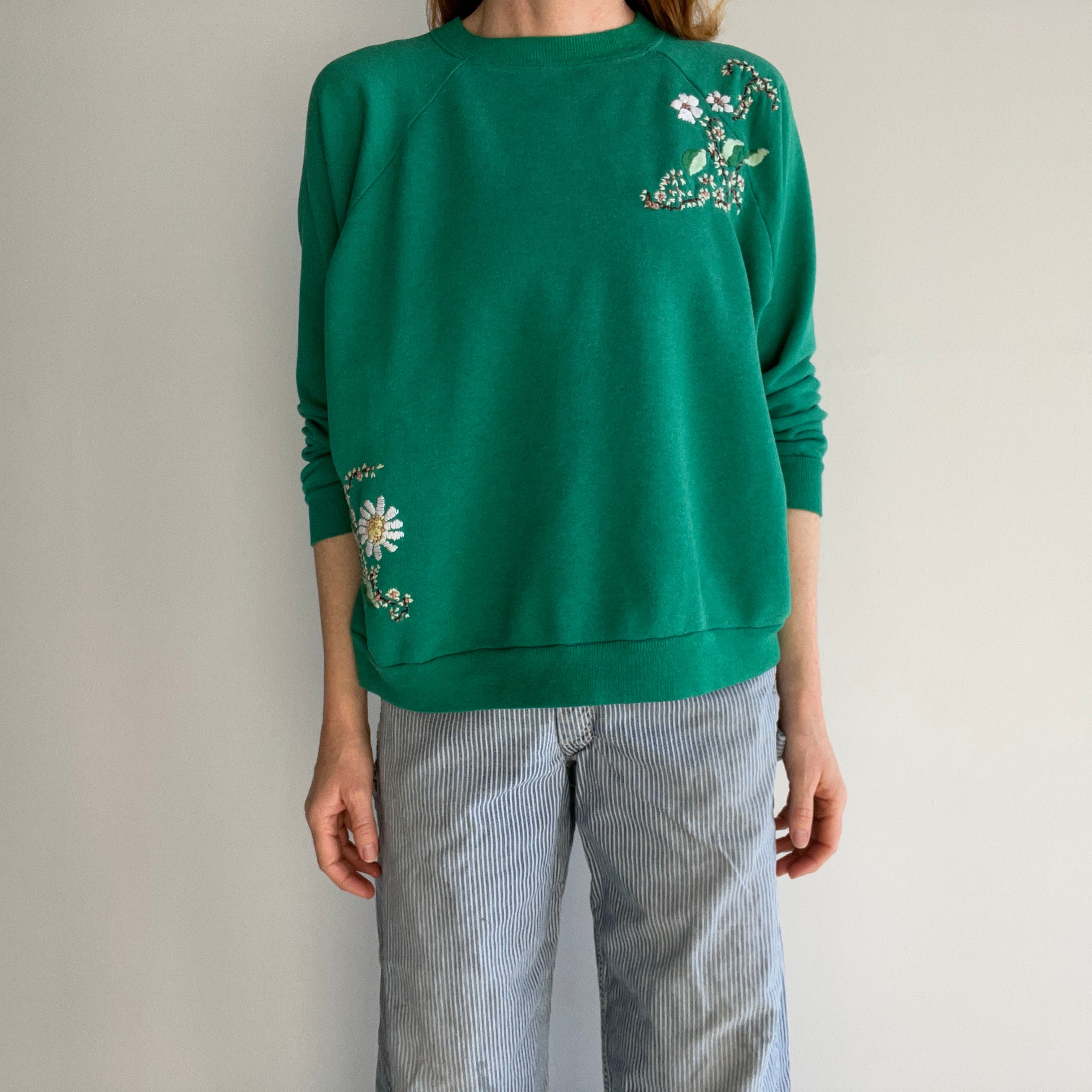 1980s One-Of-A-Kind HAND Embroidered Floral Front and Back Unbelievable Sweatshirt