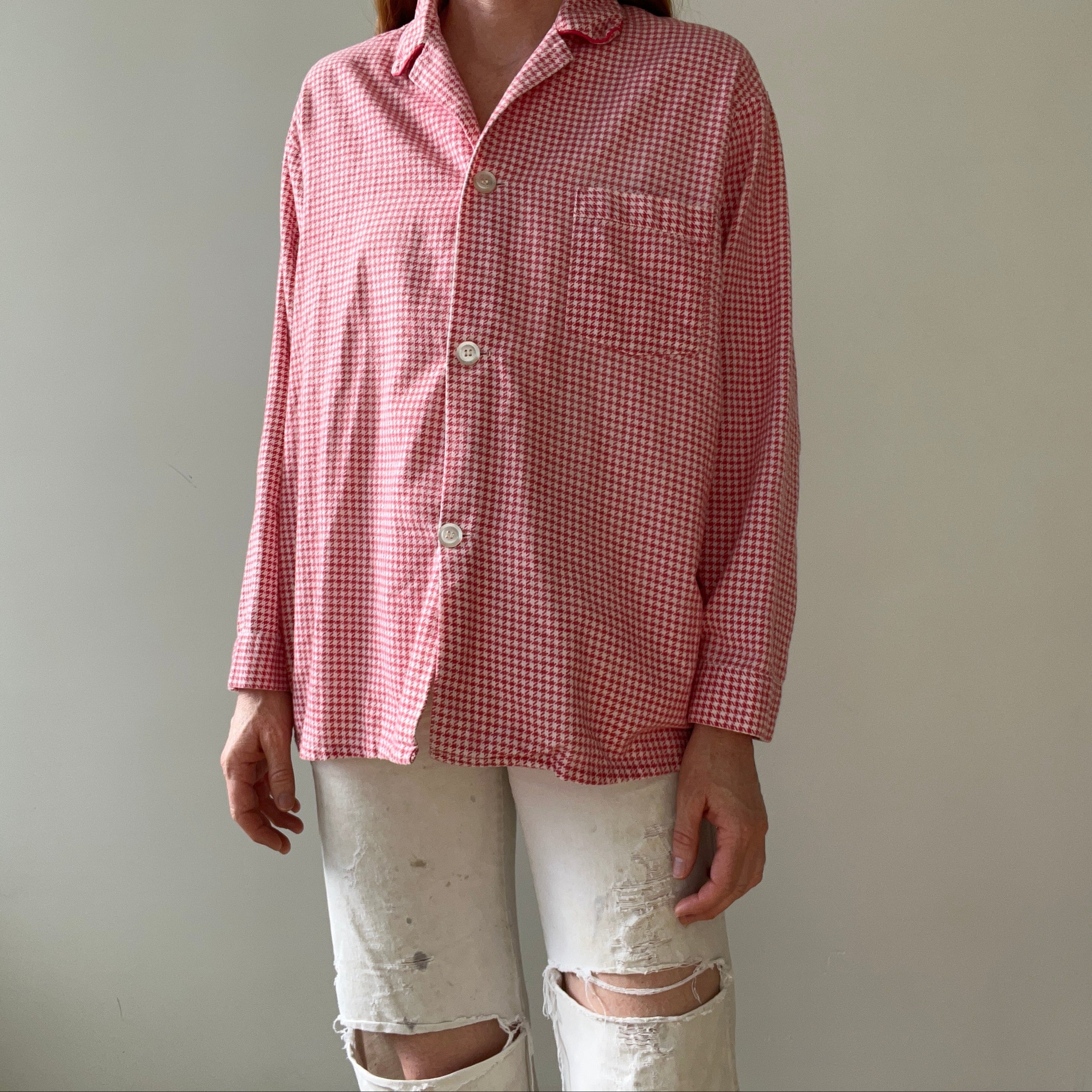 1960s/70s Red And White Houndstooth Pajama Top - Soft Lightweight Cotton Flannel