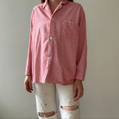 1960s/70s Red And White Houndstooth Pajama Top - Soft Lightweight Cotton Flannel
