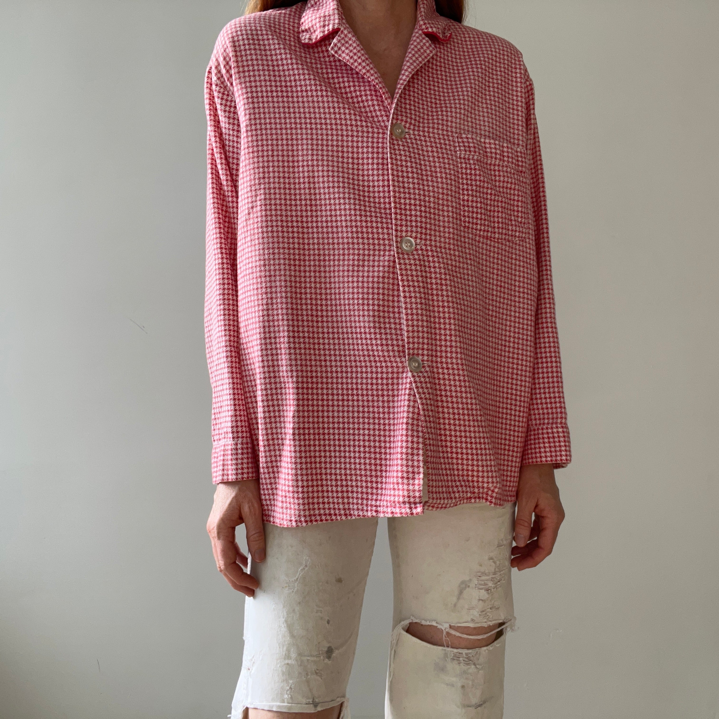 1960s/70s Red And White Houndstooth Pajama Top - Soft Lightweight Cotton Flannel