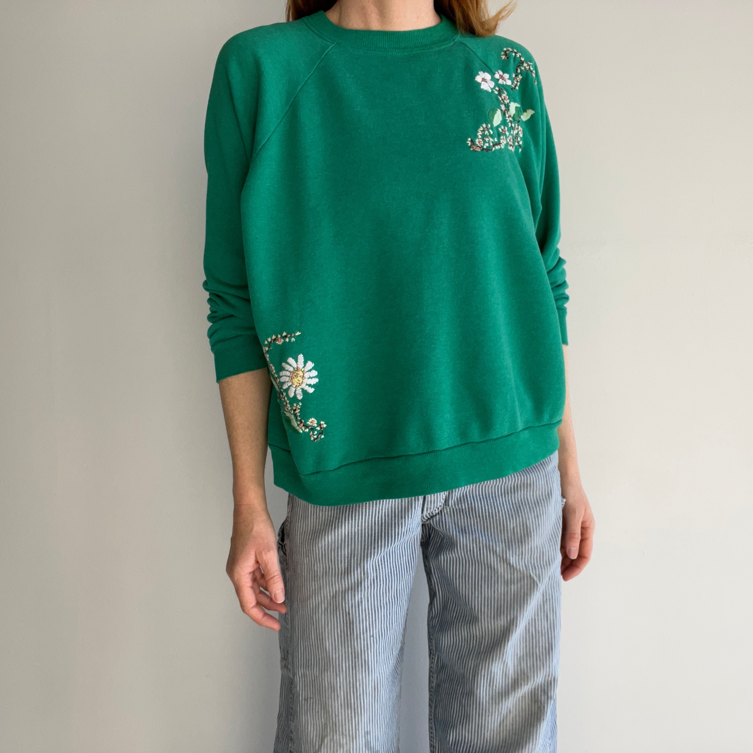 1980s One-Of-A-Kind HAND Embroidered Floral Front and Back Unbelievable Sweatshirt