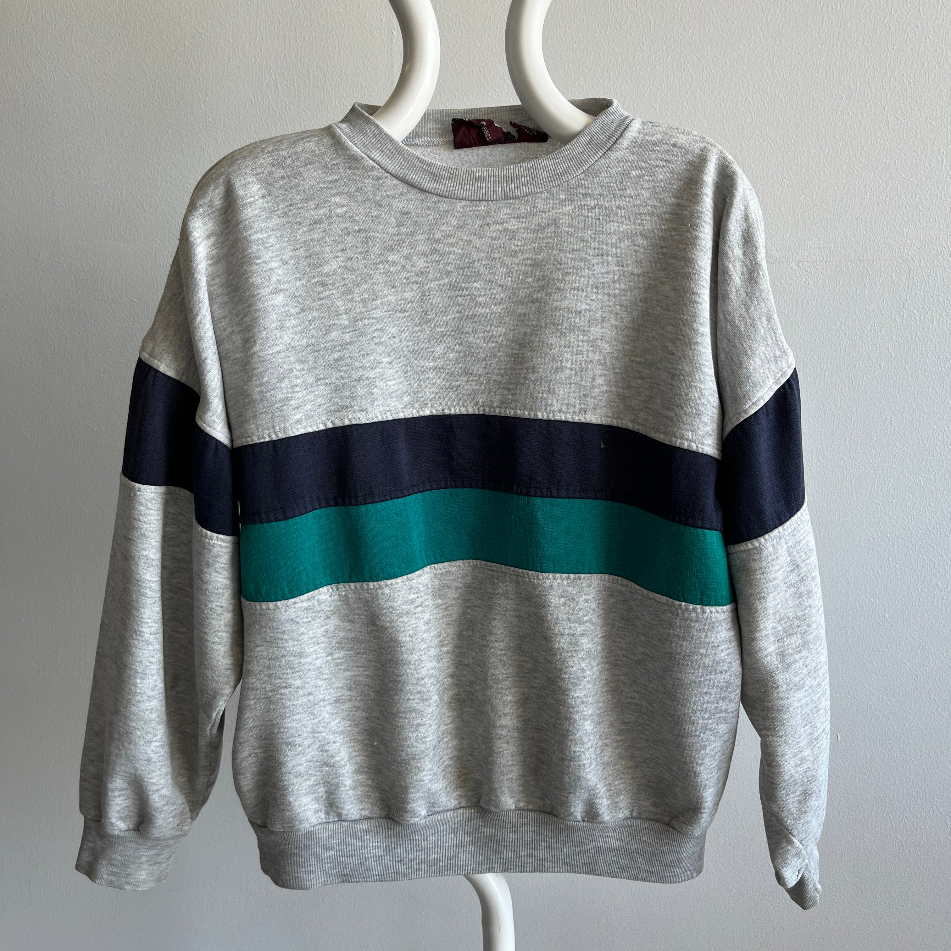 1980s Gray, Green and Blue Single Stripe Sweatshirt - Staining