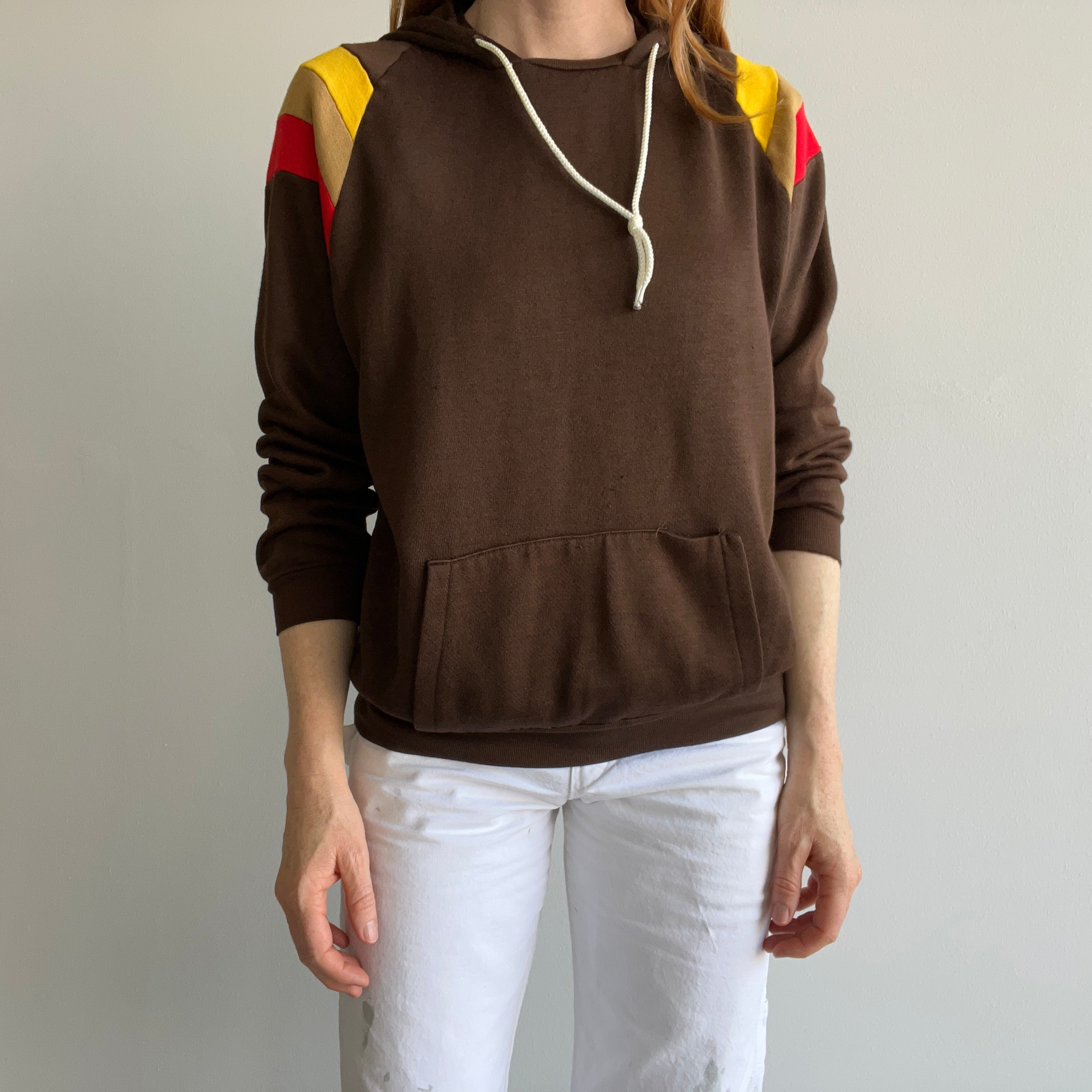 1970/80s Color Block Pullover Hoodie - Brown, Red, Yellow