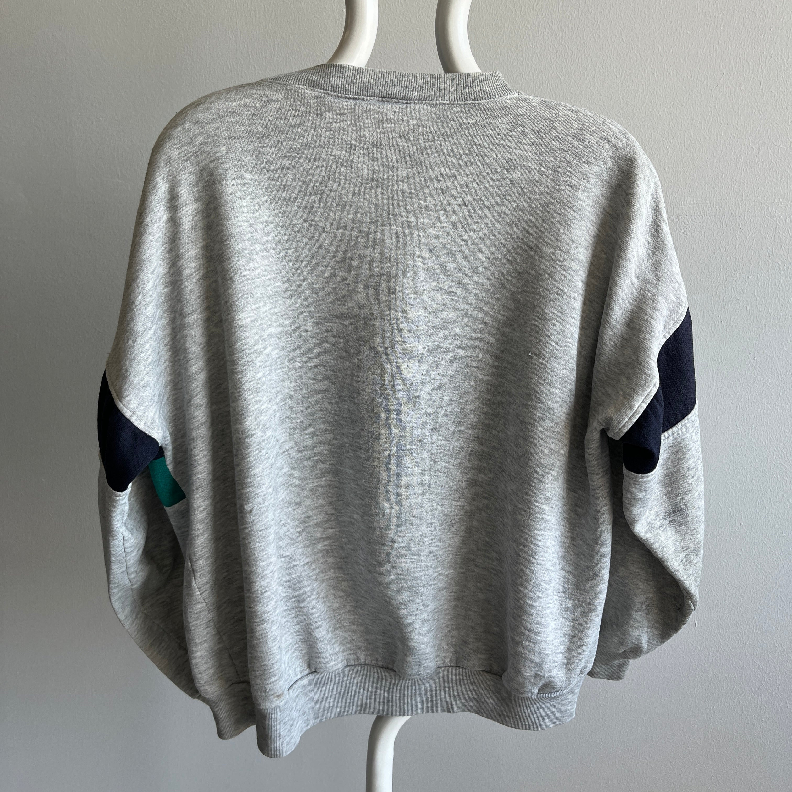 1980s Gray, Green and Blue Single Stripe Sweatshirt - Staining