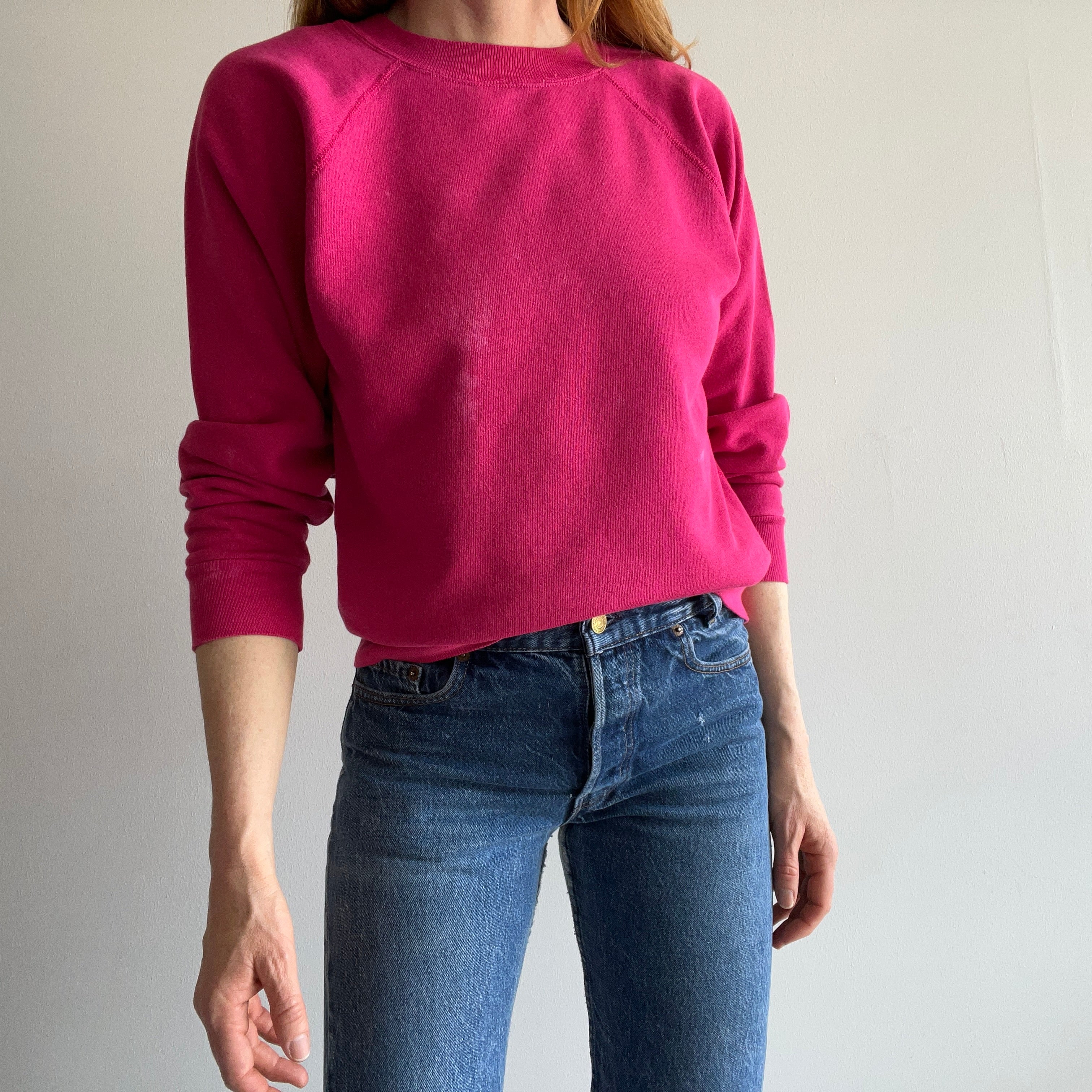 1980s Magenta Pink Sweatshirt with Bleach Staining