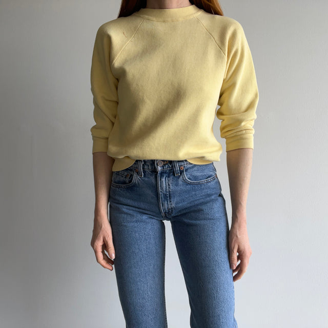 1970s Super Stained Mostly/All Cotton ? Buttery Yellow Structured Shorter Long Sleeve Sweatshirt - SWOON