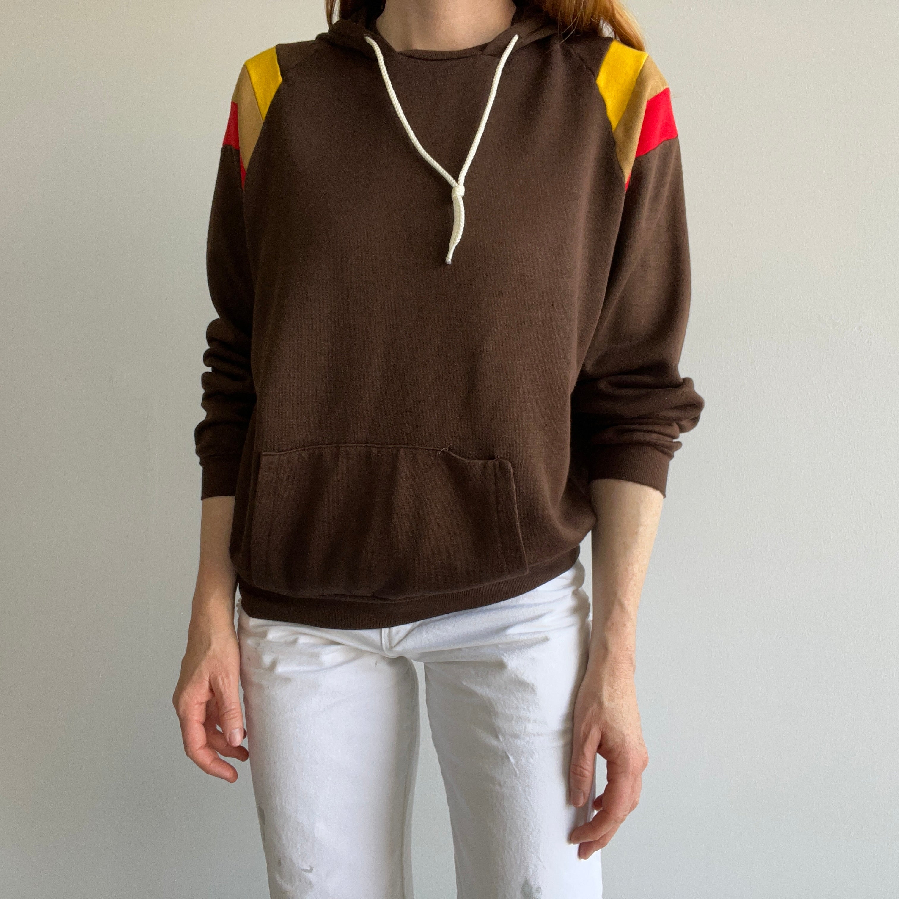 1970/80s Color Block Pullover Hoodie - Brown, Red, Yellow