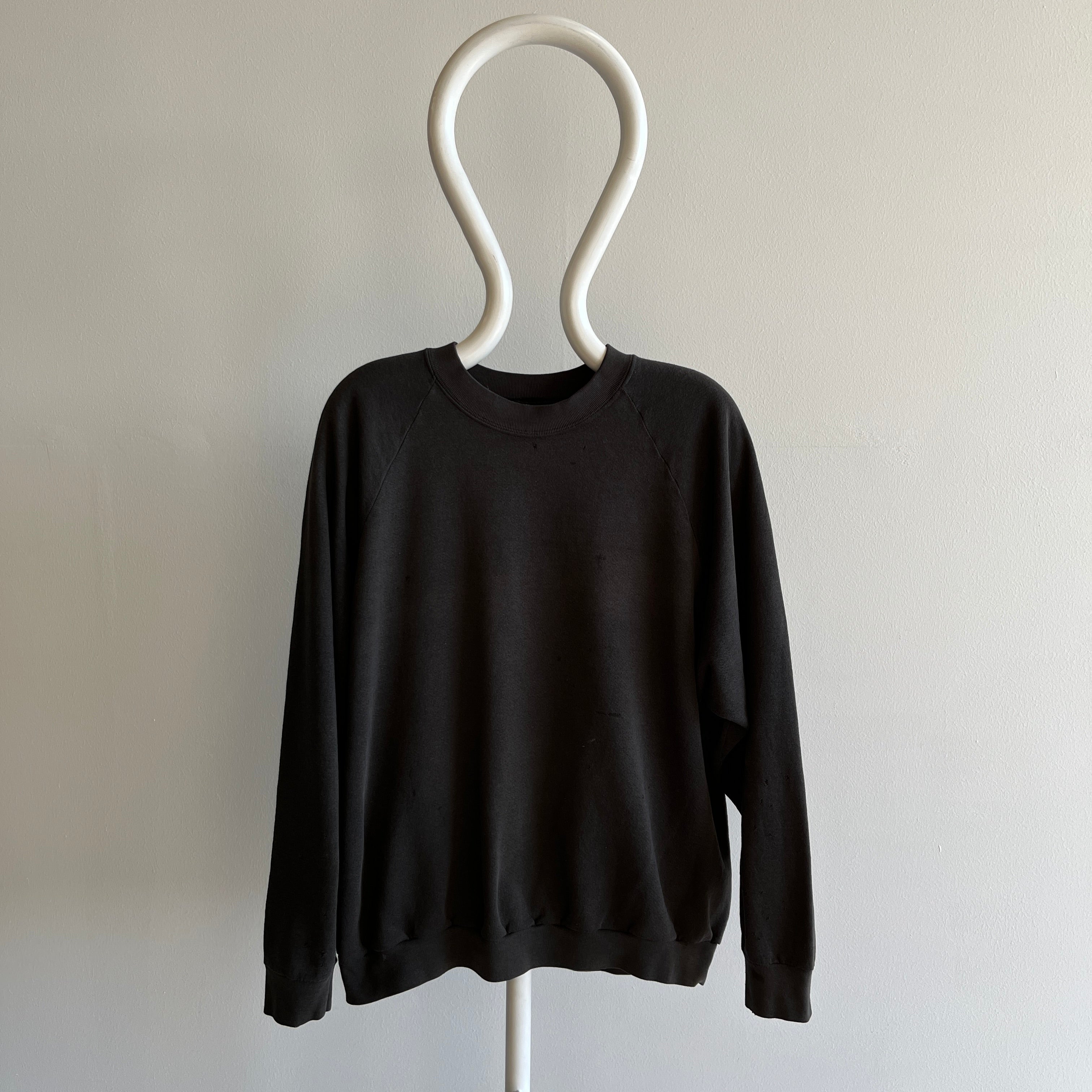 1980s Thinned Out and Disheveled Faded Black to Deep Gray Raglan