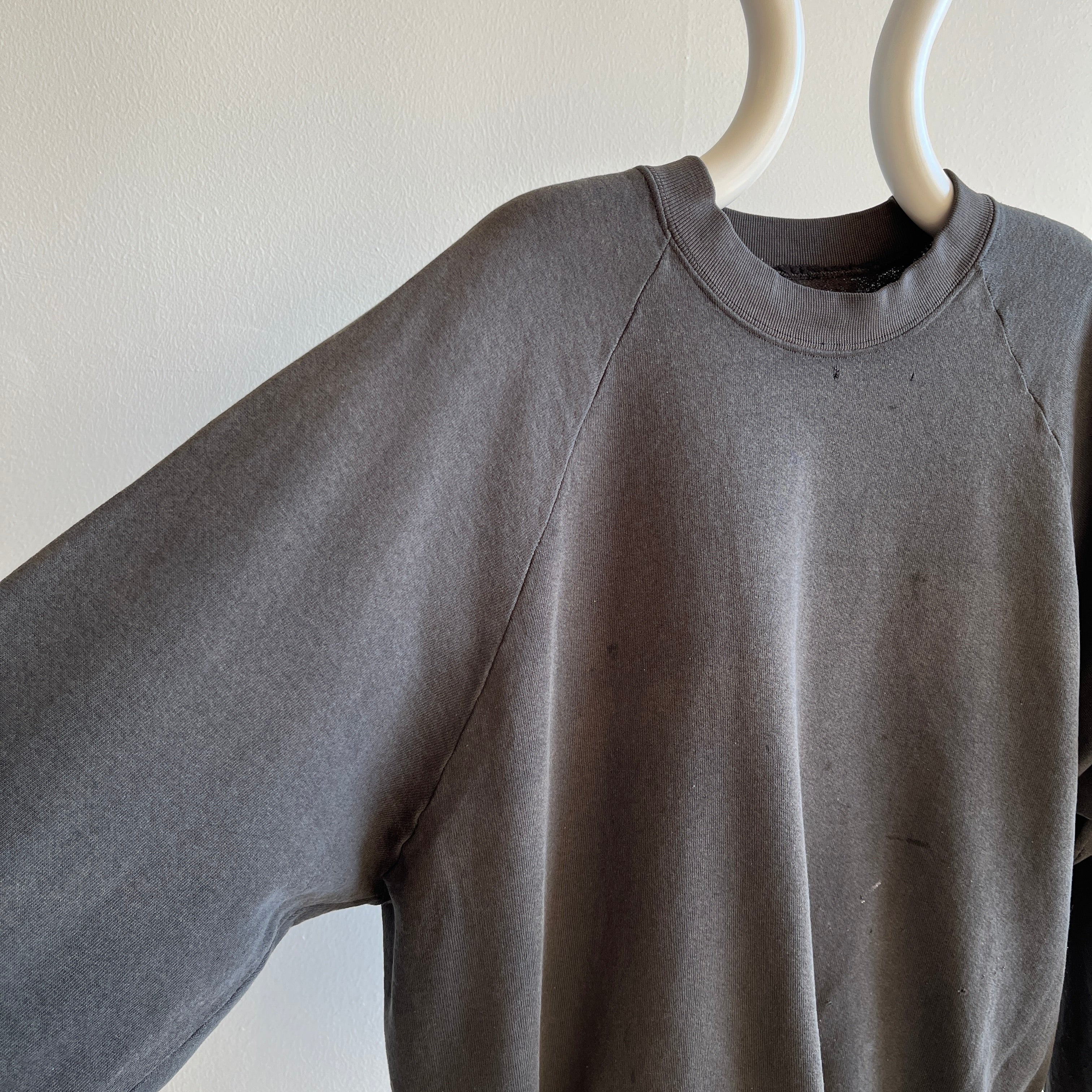 1980s Thinned Out and Disheveled Faded Black to Deep Gray Raglan