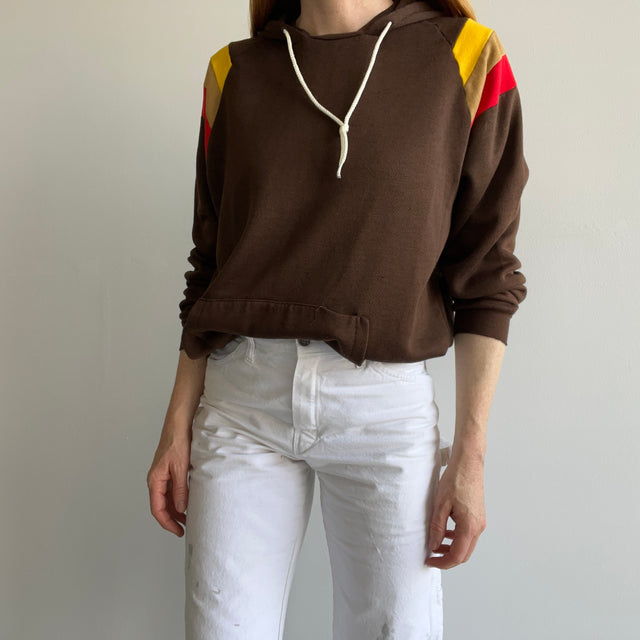 1970/80s Color Block Pullover Hoodie - Brown, Red, Yellow