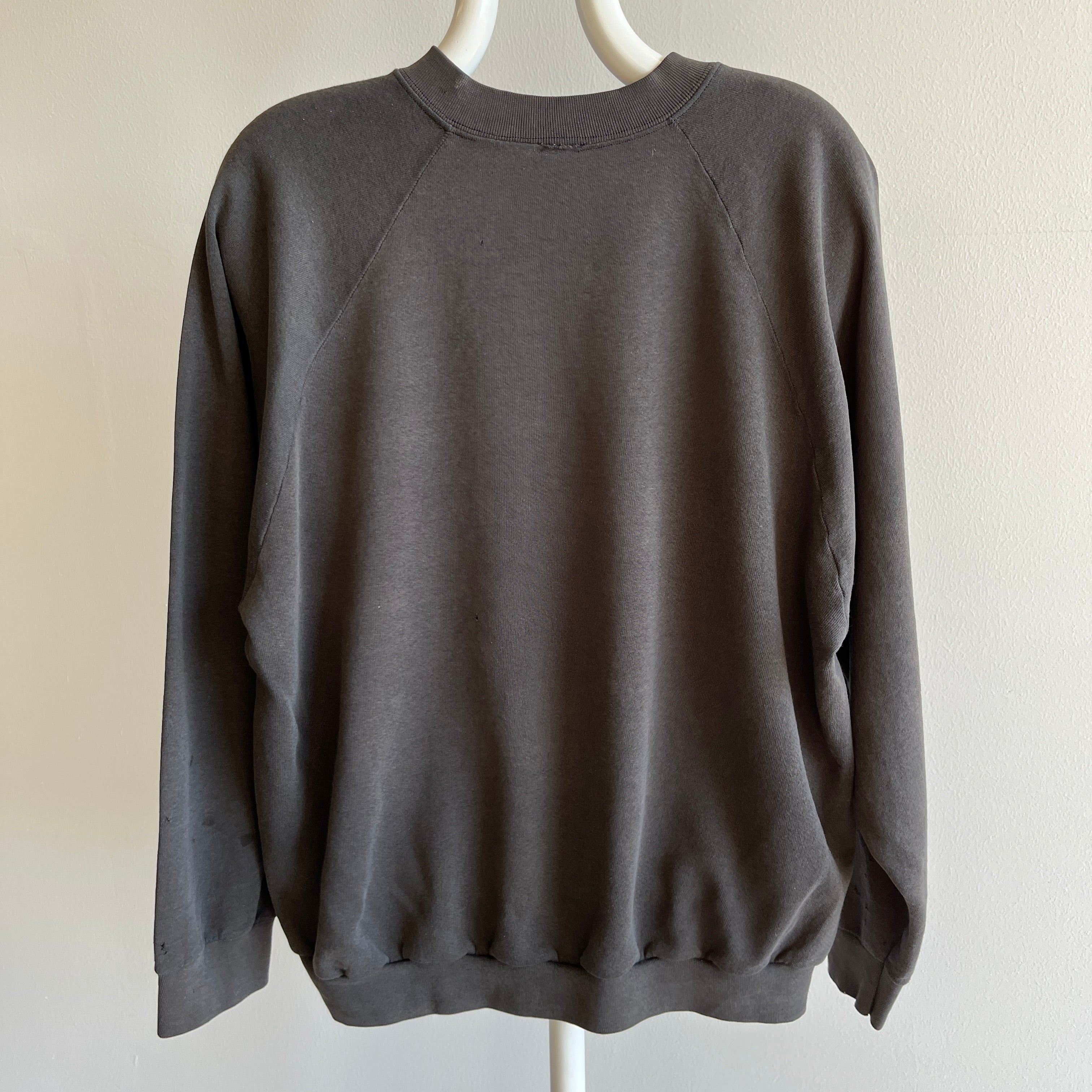 1980s Thinned Out and Disheveled Faded Black to Deep Gray Raglan