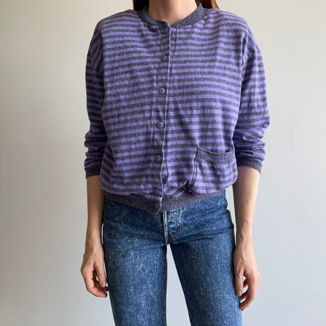 1980s Striped Button Up Single Pocket Knit Sweater with Shoulder Pads by Contempo (Who Remembers?!)