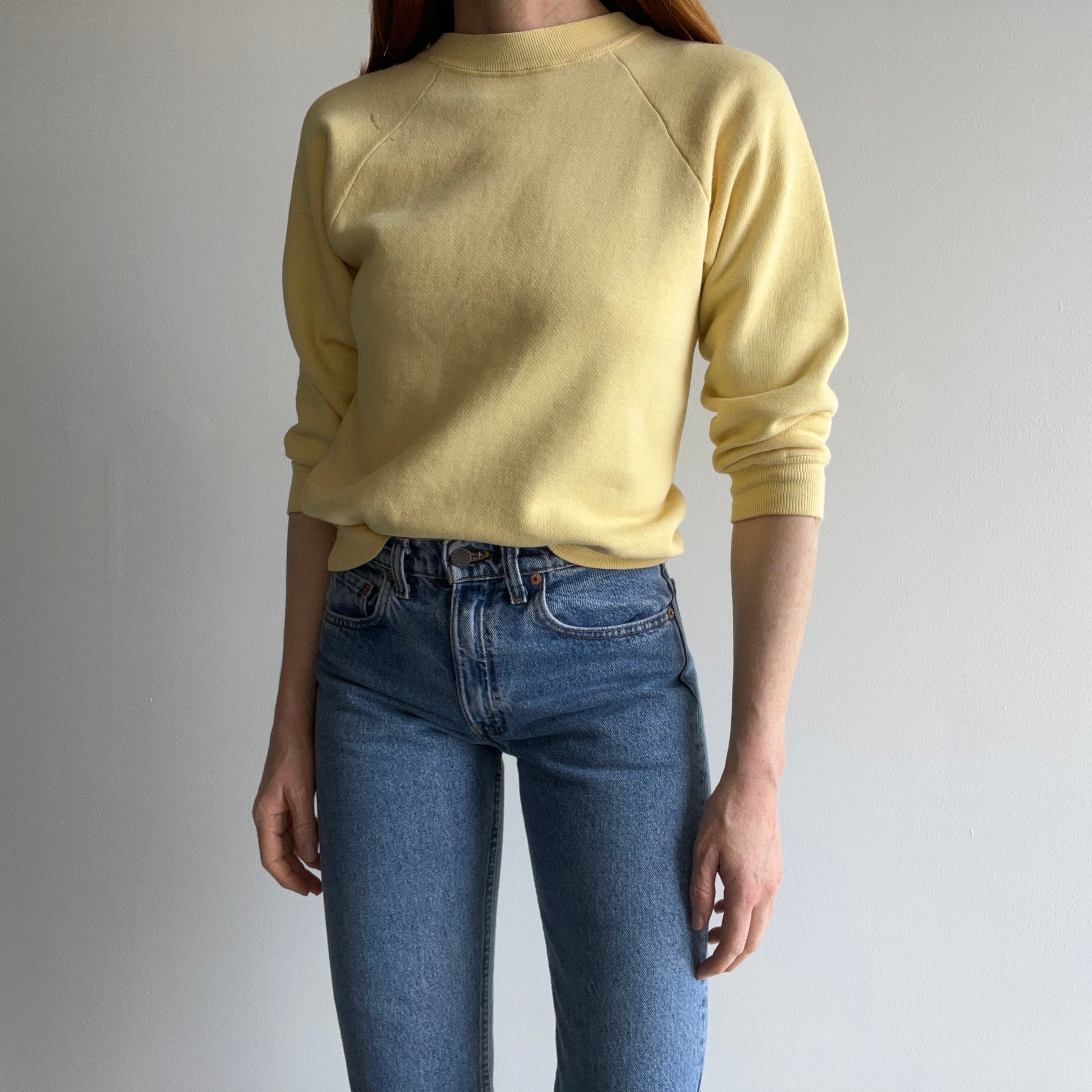 1970s Super Stained Mostly/All Cotton ? Buttery Yellow Structured Shorter Long Sleeve Sweatshirt - SWOON