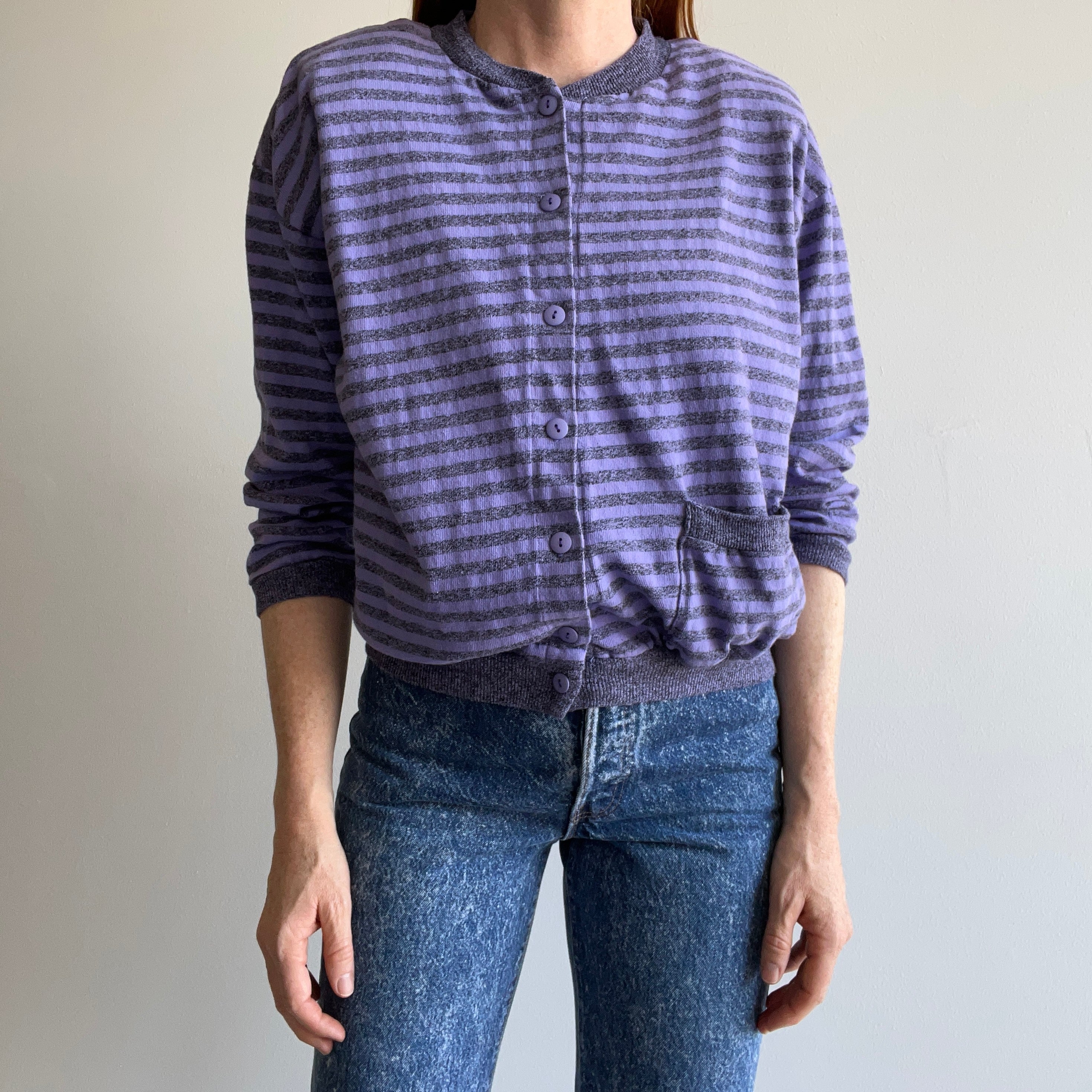 1980s Striped Button Up Single Pocket Knit Sweater with Shoulder Pads by Contempo (Who Remembers?!)