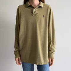 1990/2000s Khaki Ralph Lauren Long Sleeve Polo Shirt with a Single Small Hole